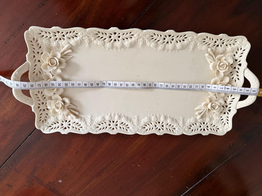 Vintage Cream Ceramic Rose Serving Tray | Pierced Edge Platter with Handles