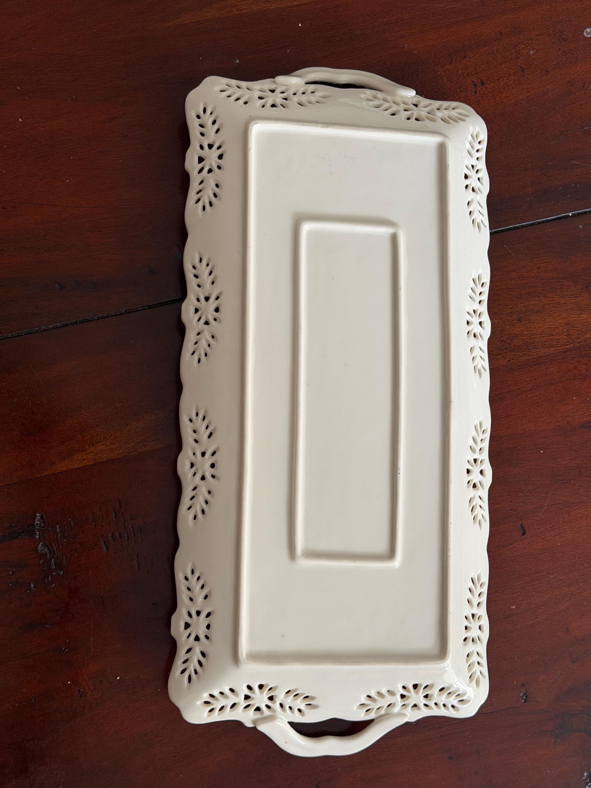 Vintage Cream Ceramic Rose Serving Tray | Pierced Edge Platter with Handles