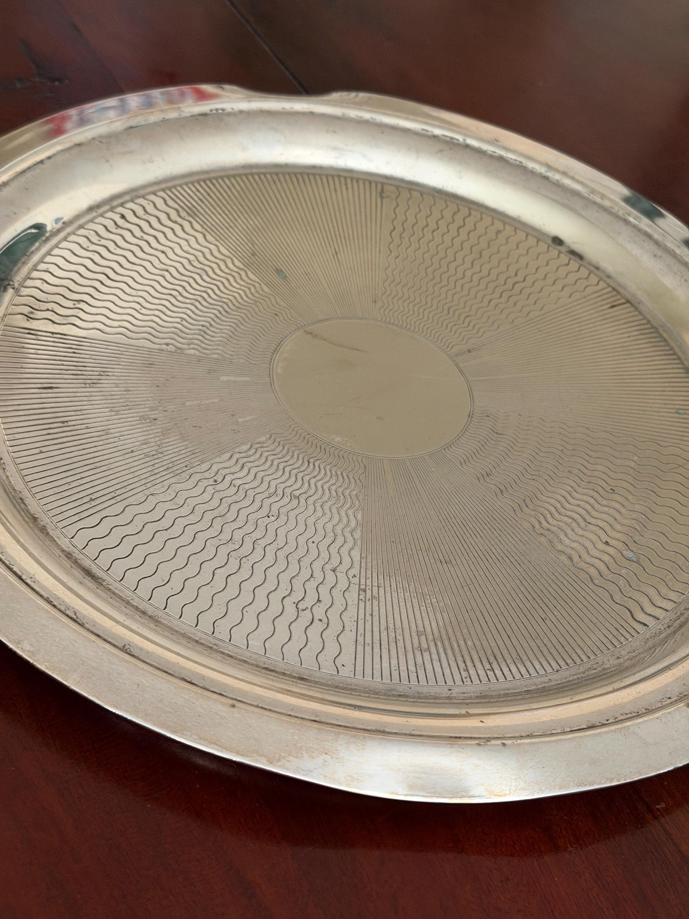 Vintage Silver Plated Round Tray | Engraved Pattern Serving Butler Tray
