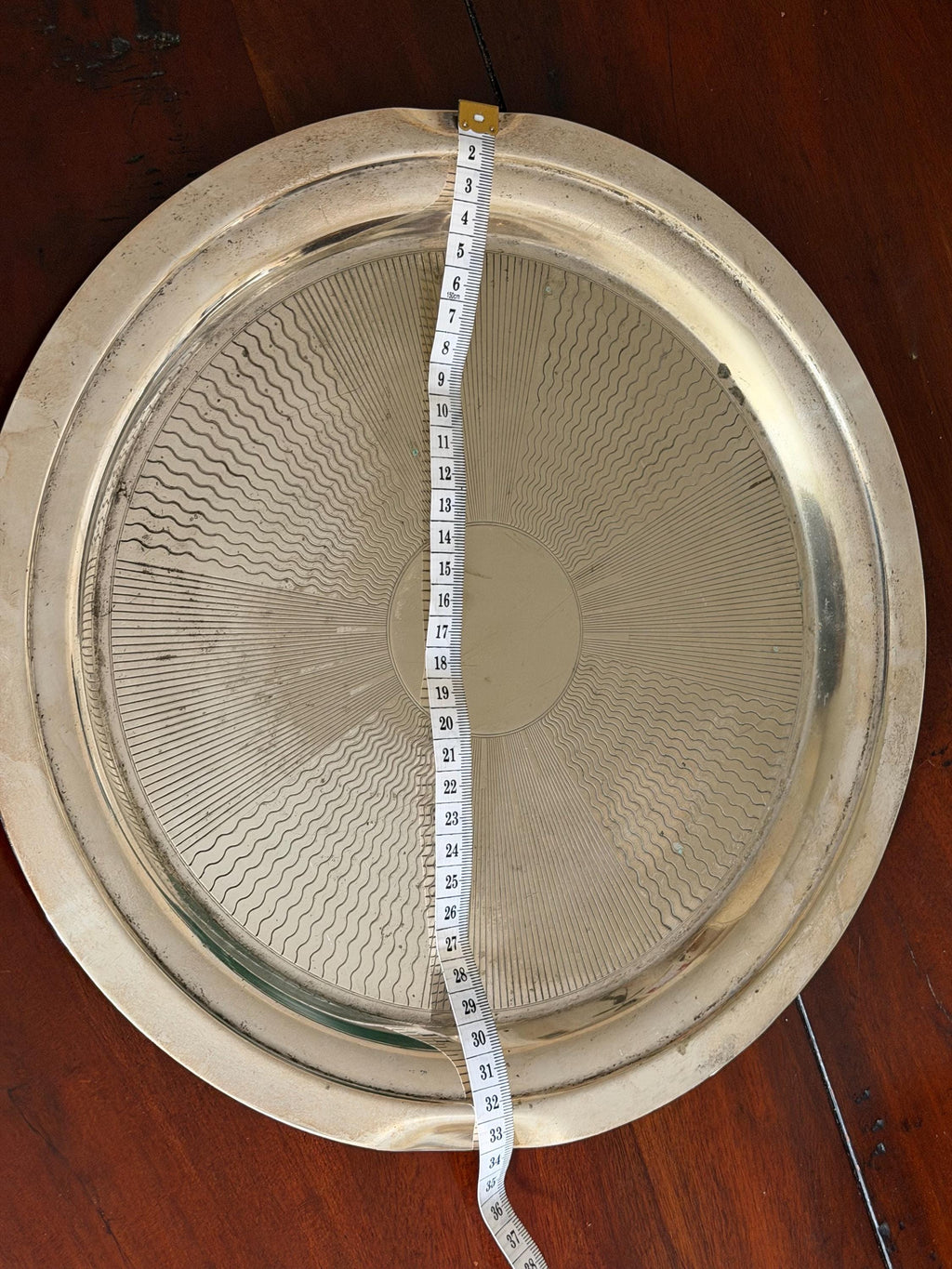 Vintage Silver Plated Round Tray | Engraved Pattern Serving Butler Tray