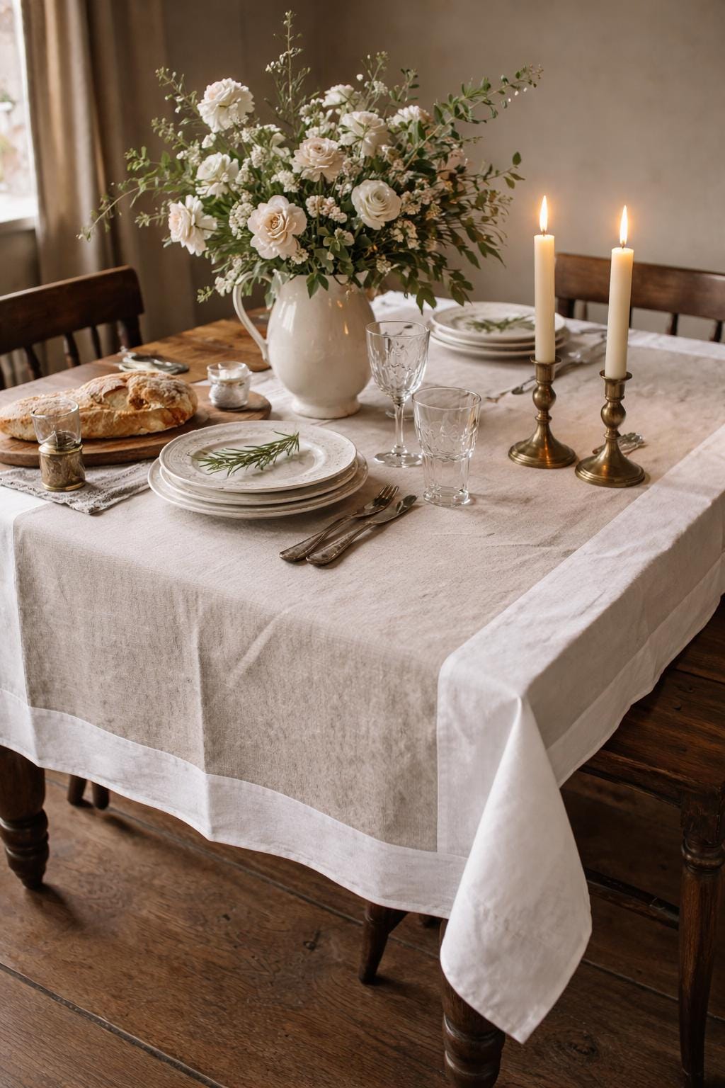 Vintage French Linen Tablecloth | Natural Washed Rustic Farmhouse Dining Cloth