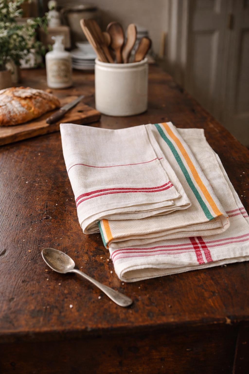 Set of 3 Vintage French Linen Tea Towels | Rustic Striped Kitchen Decor