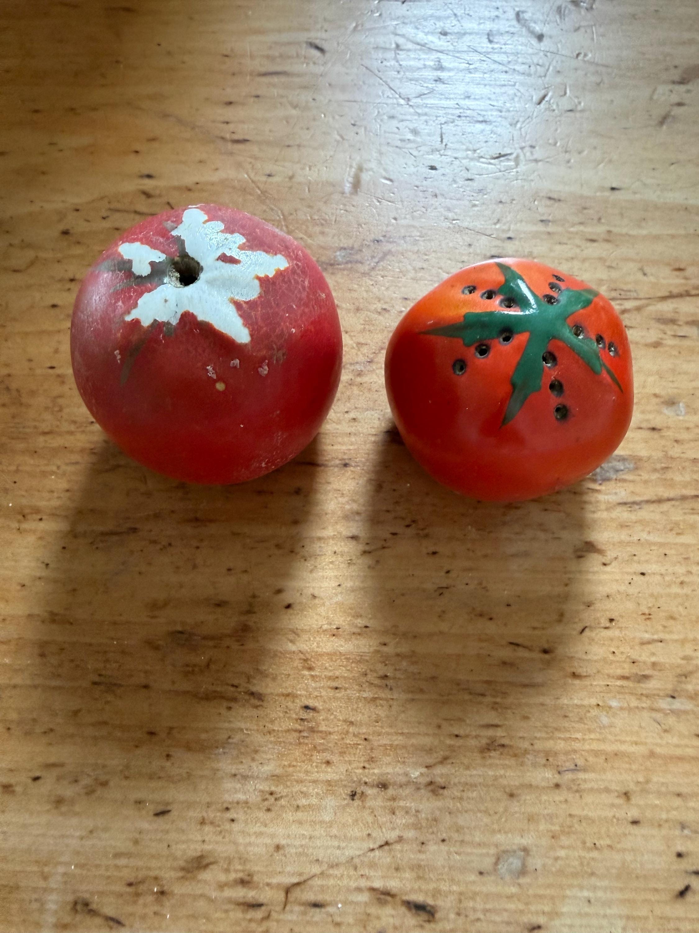 Vintage French Hand Painted Tomato Salt Pepper Shakers Pair, Rustic Kitchen Decor