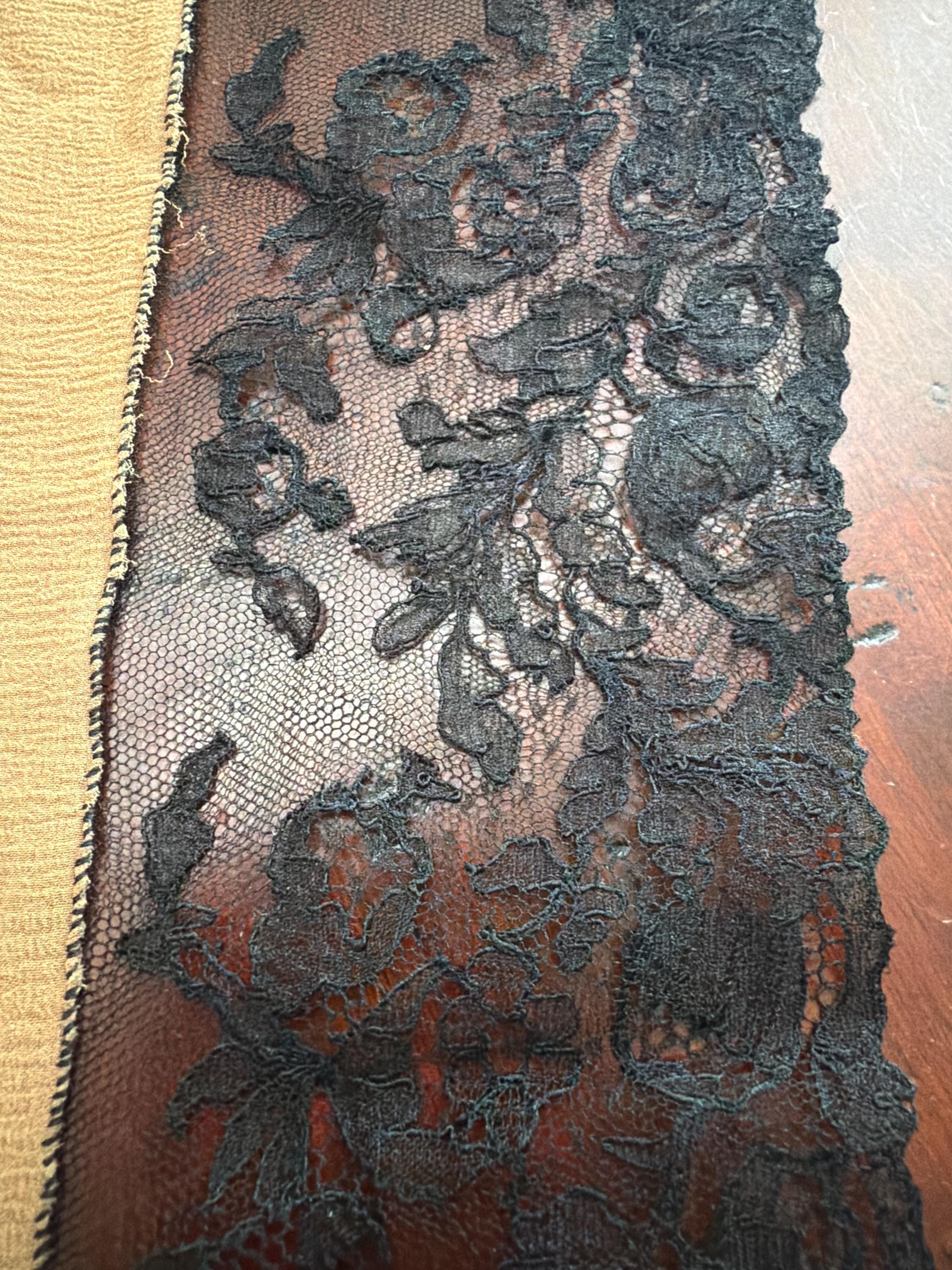 Vintage French Silk Neckerchief | Black Lace Trim Gold Bandana Scarf