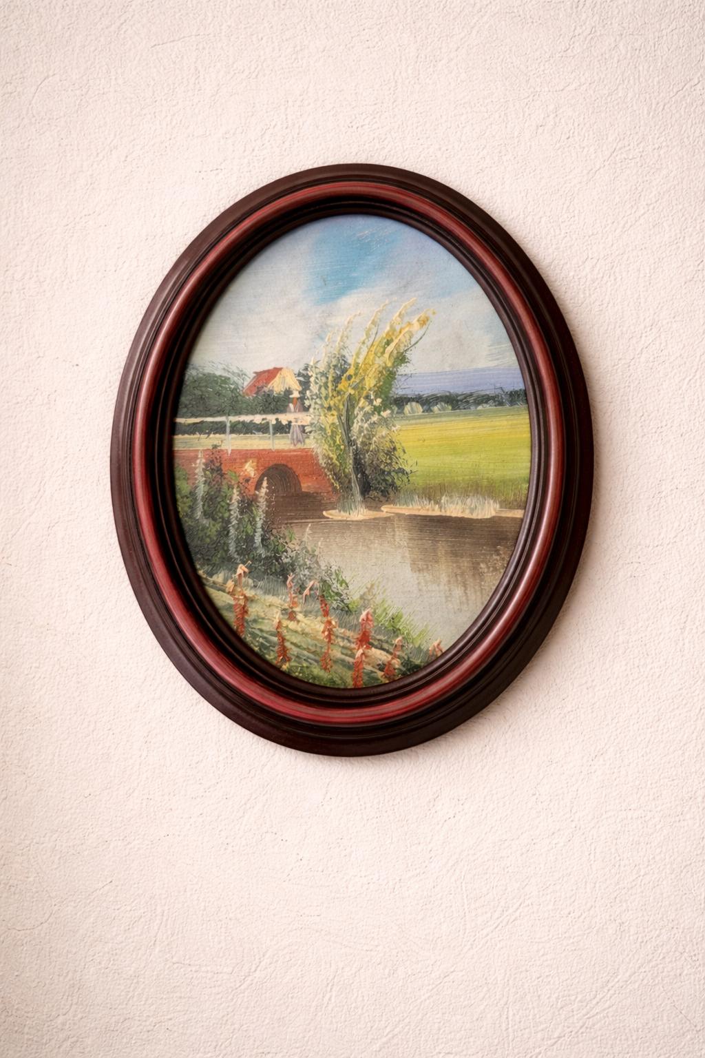 Set of 2 Vintage Oval Oil Paintings | Framed Landscape Art, Cottagecore Decor