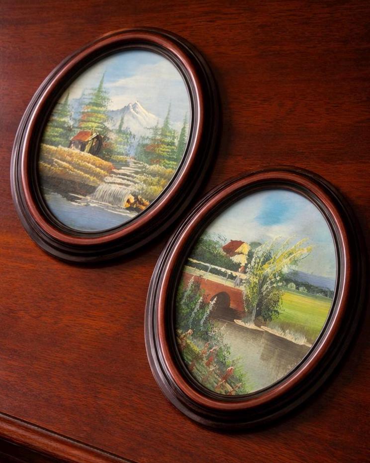 Set of 2 Vintage Oval Oil Paintings | Framed Landscape Art, Cottagecore Decor