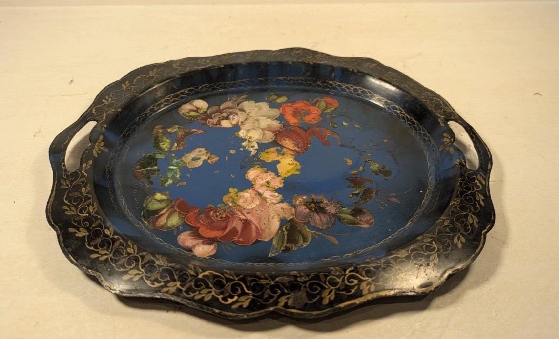 Vintage Hand Painted Floral Metal Tray | Blue Gilt Scrollwork Cottage Kitchen Decor
