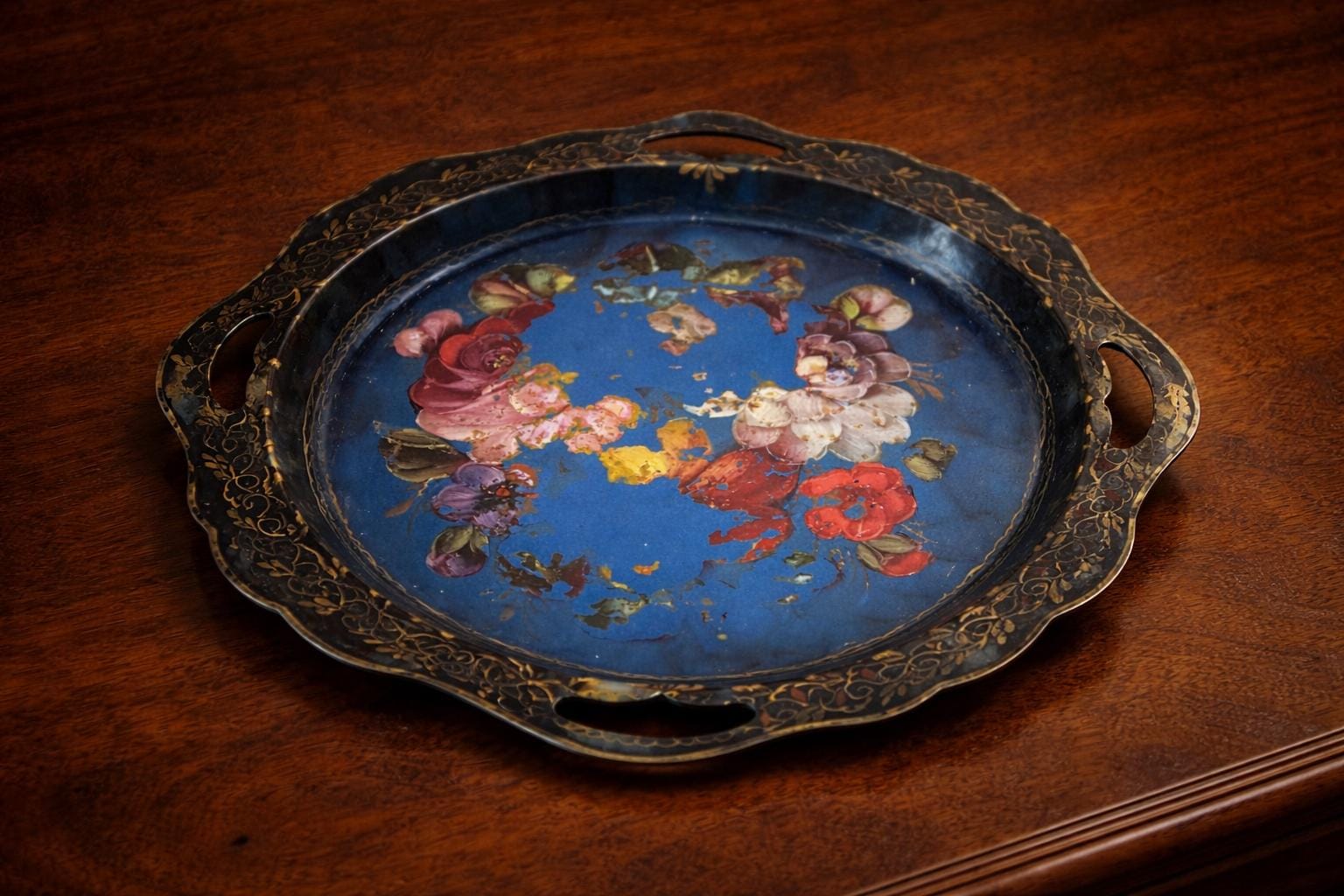 Vintage Hand Painted Floral Metal Tray | Blue Gilt Scrollwork Cottage Kitchen Decor