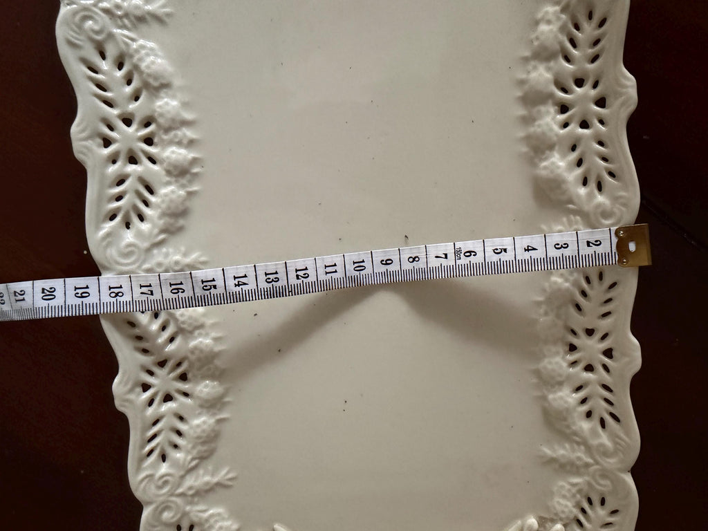 Vintage Cream Ceramic Rose Serving Tray | Pierced Edge Platter with Handles