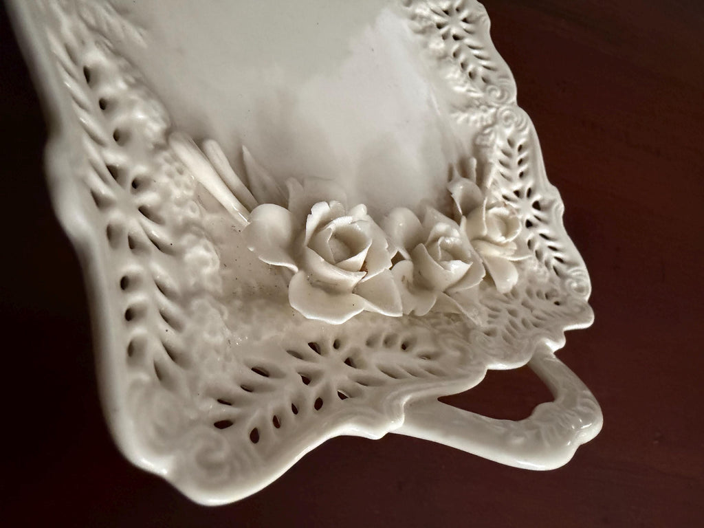 Vintage Cream Ceramic Rose Serving Tray | Pierced Edge Platter with Handles