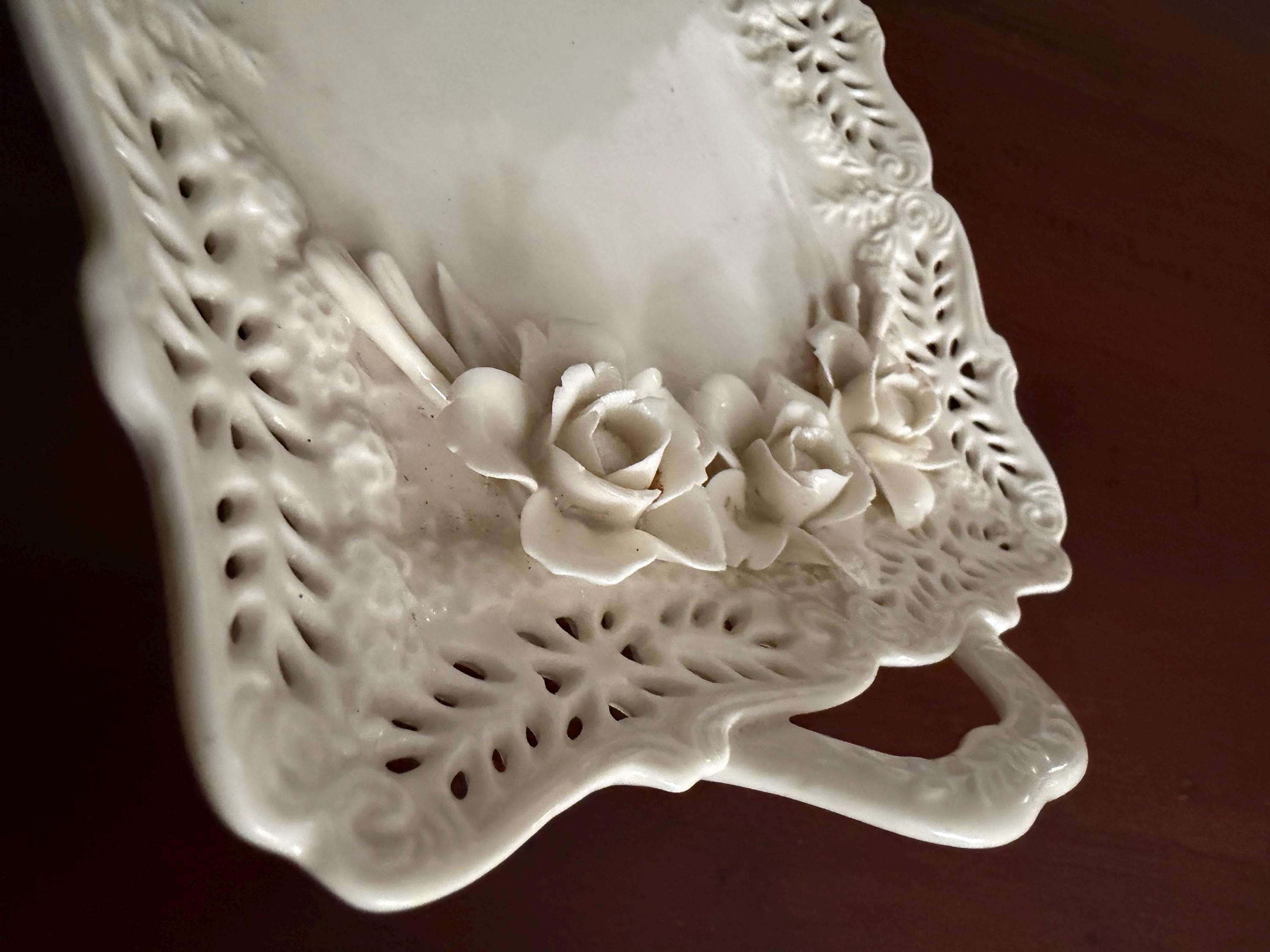 Vintage Cream Ceramic Rose Serving Tray | Pierced Edge Platter with Handles
