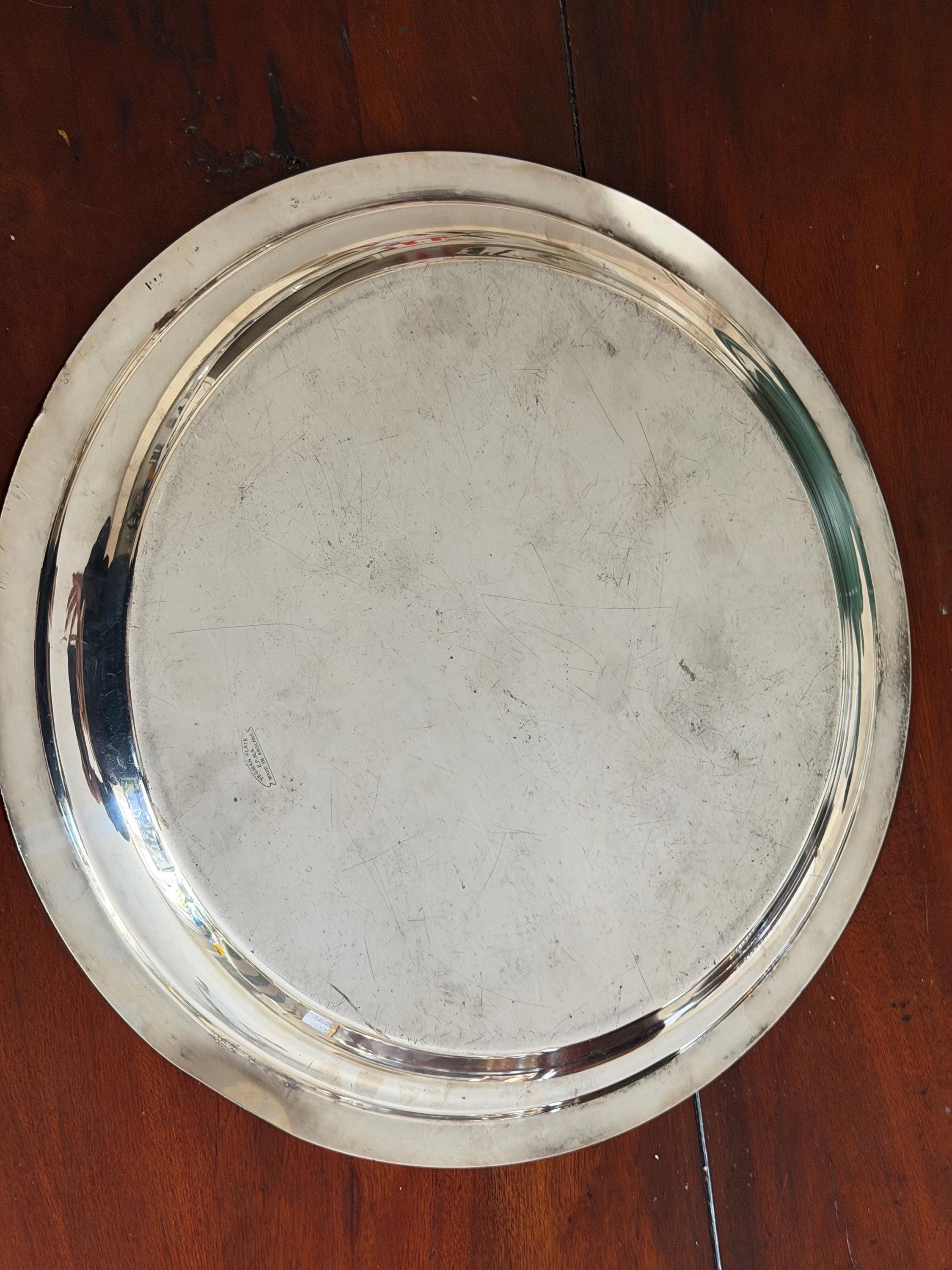 Vintage Silver Plated Round Tray | Engraved Pattern Serving Butler Tray