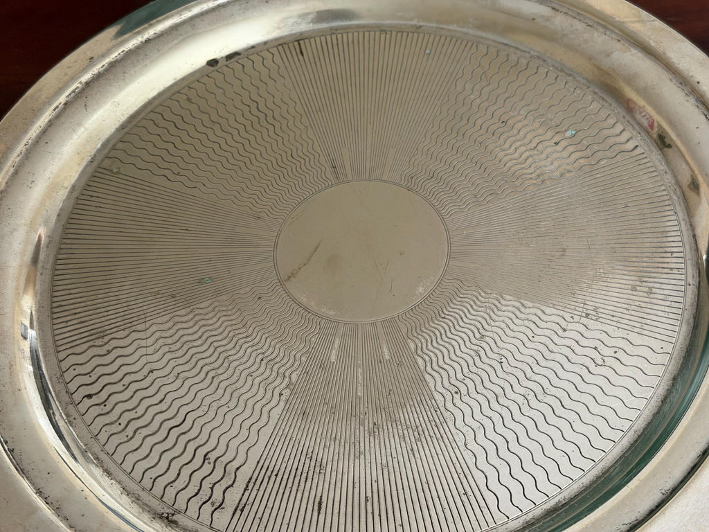 Vintage Silver Plated Round Tray | Engraved Pattern Serving Butler Tray