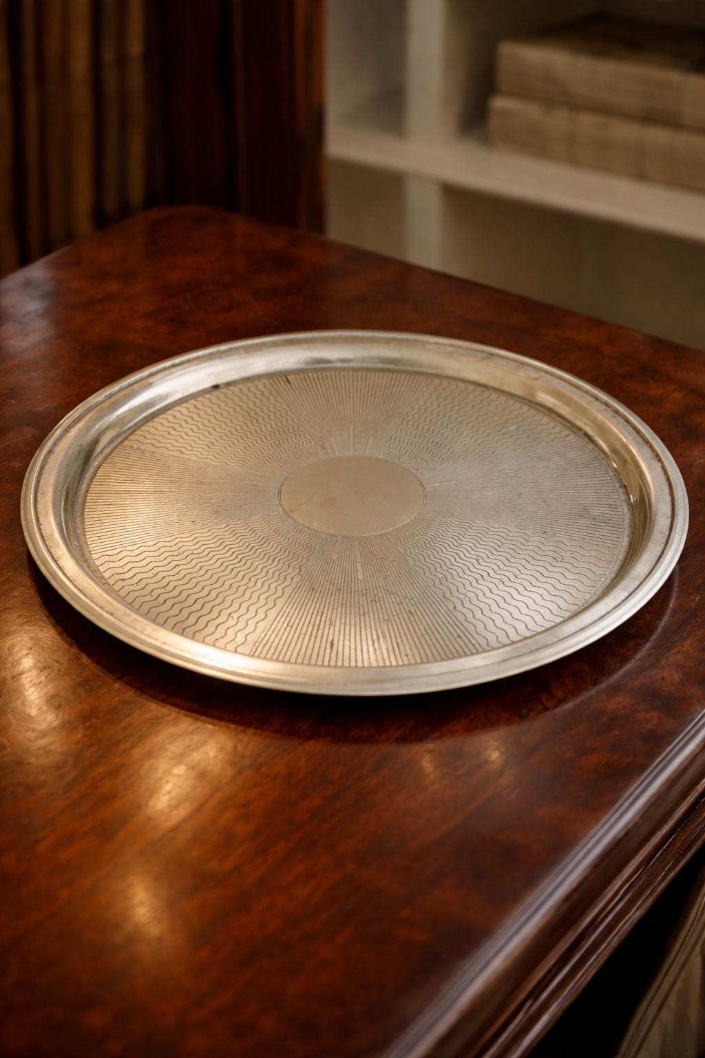 Vintage Silver Plated Round Tray | Engraved Pattern Serving Butler Tray