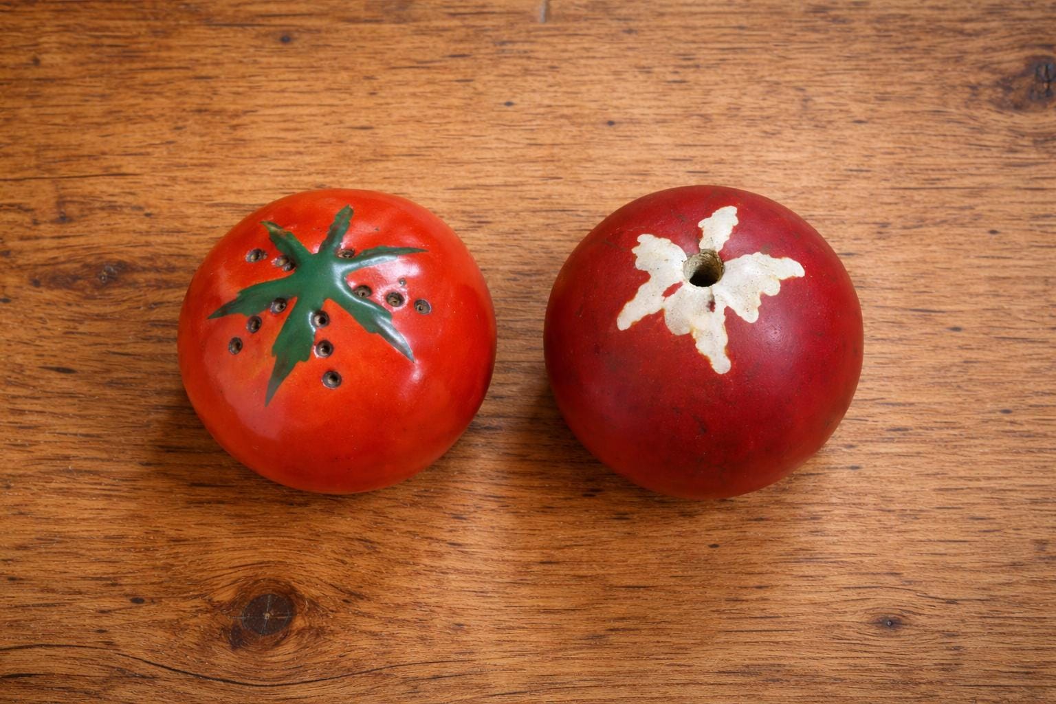 Vintage French Hand Painted Tomato Salt Pepper Shakers Pair, Rustic Kitchen Decor