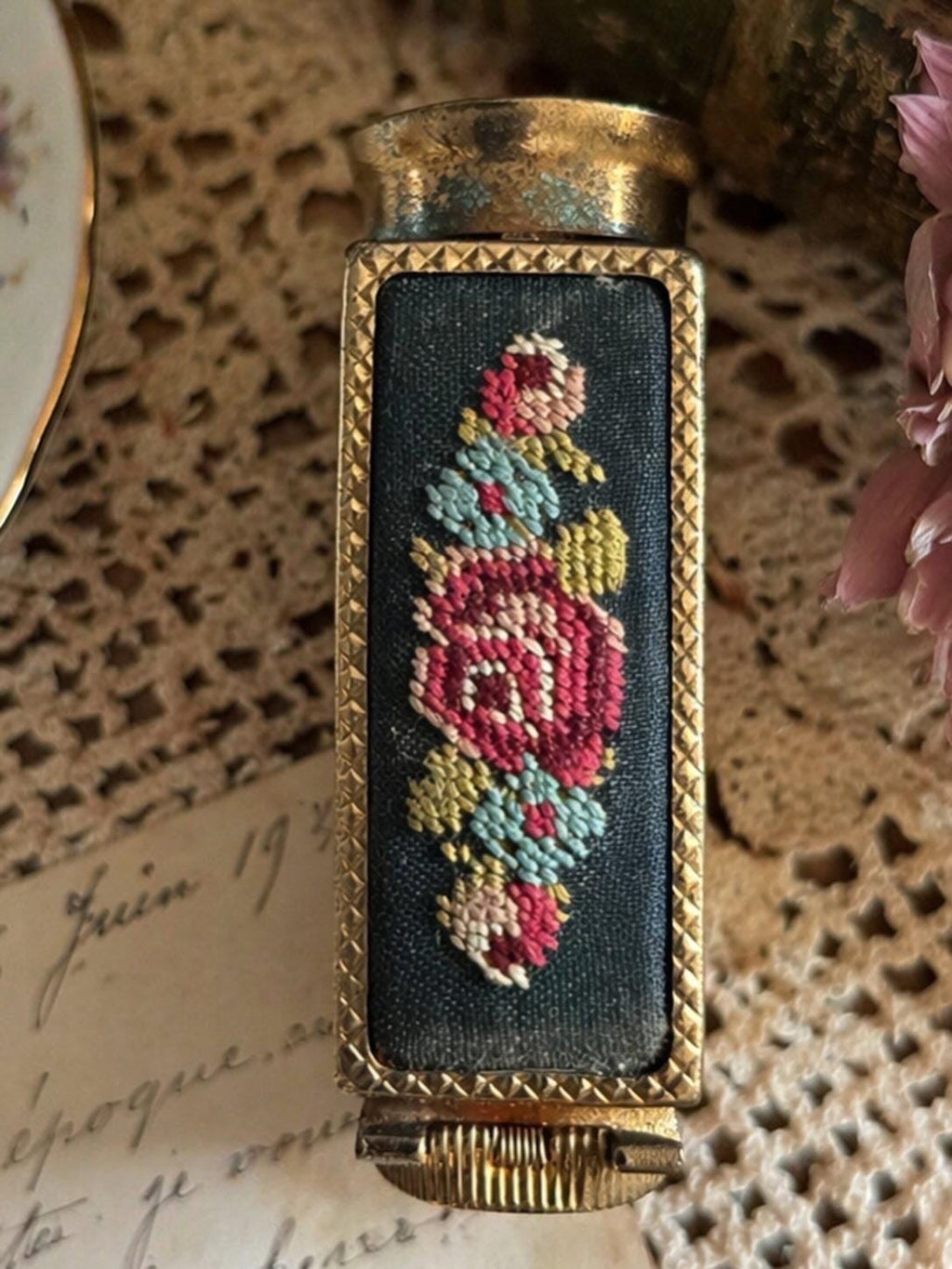 Vintage French Lipstick Holder Mirror Compact  Brevete S.G.D.G Paris  Embroidered Floral Panel  Gold Tone Compact