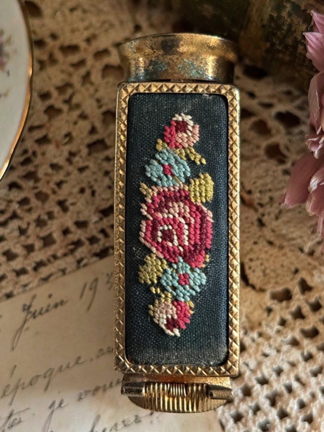 Vintage French Lipstick Holder Mirror Compact  Brevete S.G.D.G Paris  Embroidered Floral Panel  Gold Tone Compact