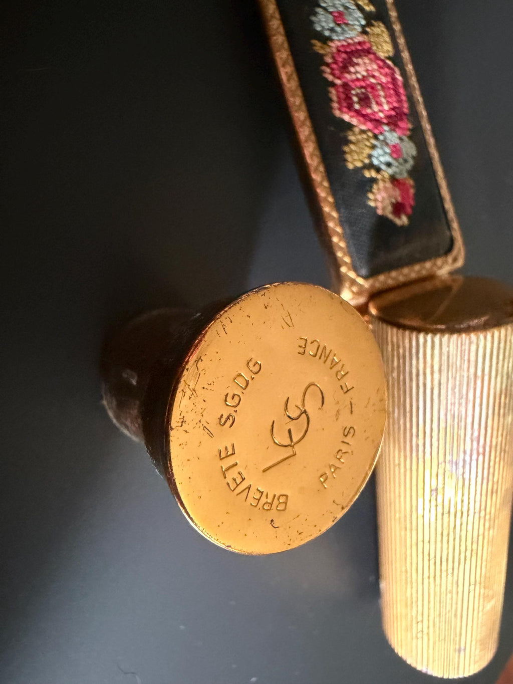Vintage French Lipstick Holder Mirror Compact  Brevete S.G.D.G Paris  Embroidered Floral Panel  Gold Tone Compact
