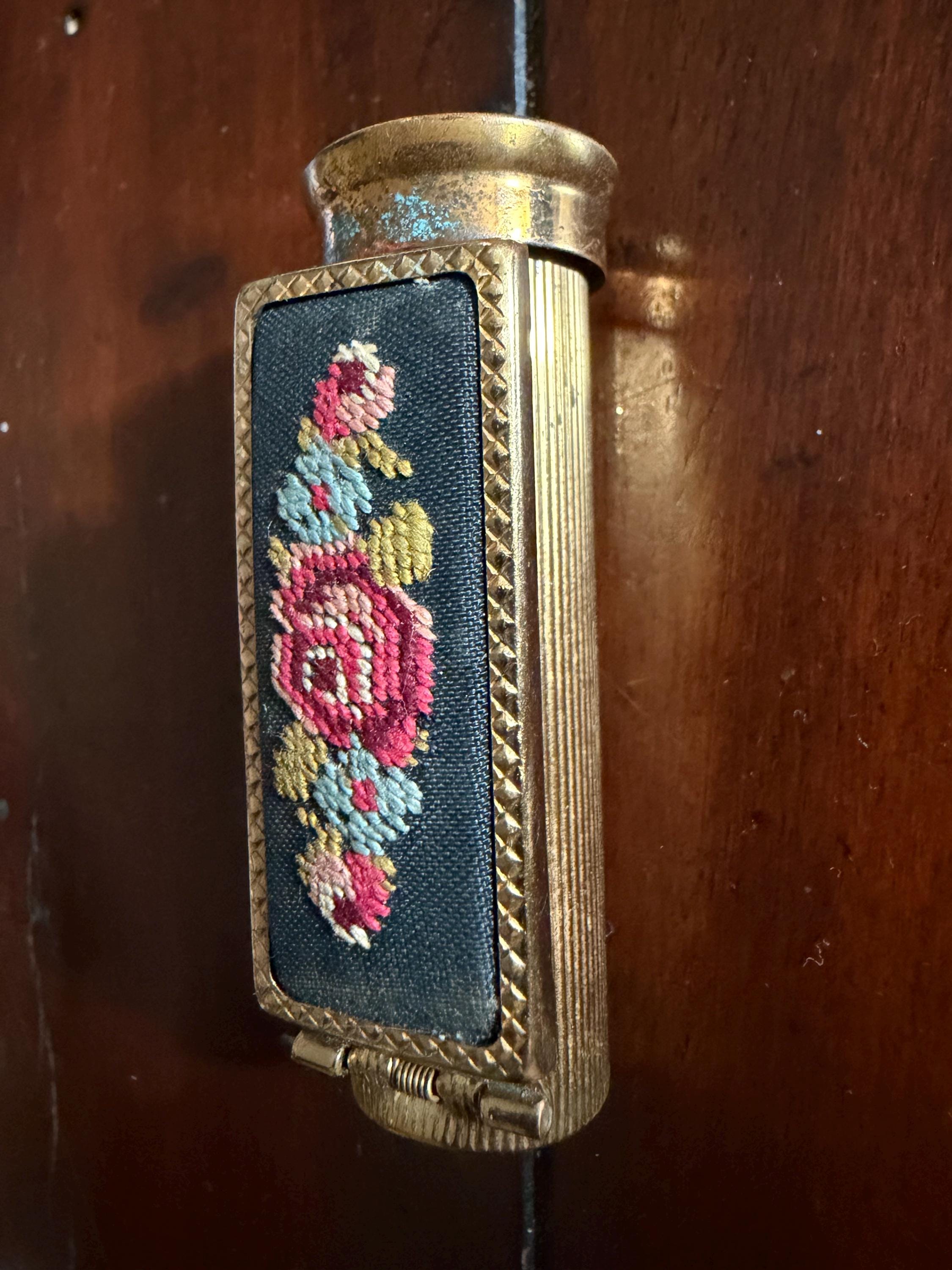 Vintage French Lipstick Holder Mirror Compact  Brevete S.G.D.G Paris  Embroidered Floral Panel  Gold Tone Compact