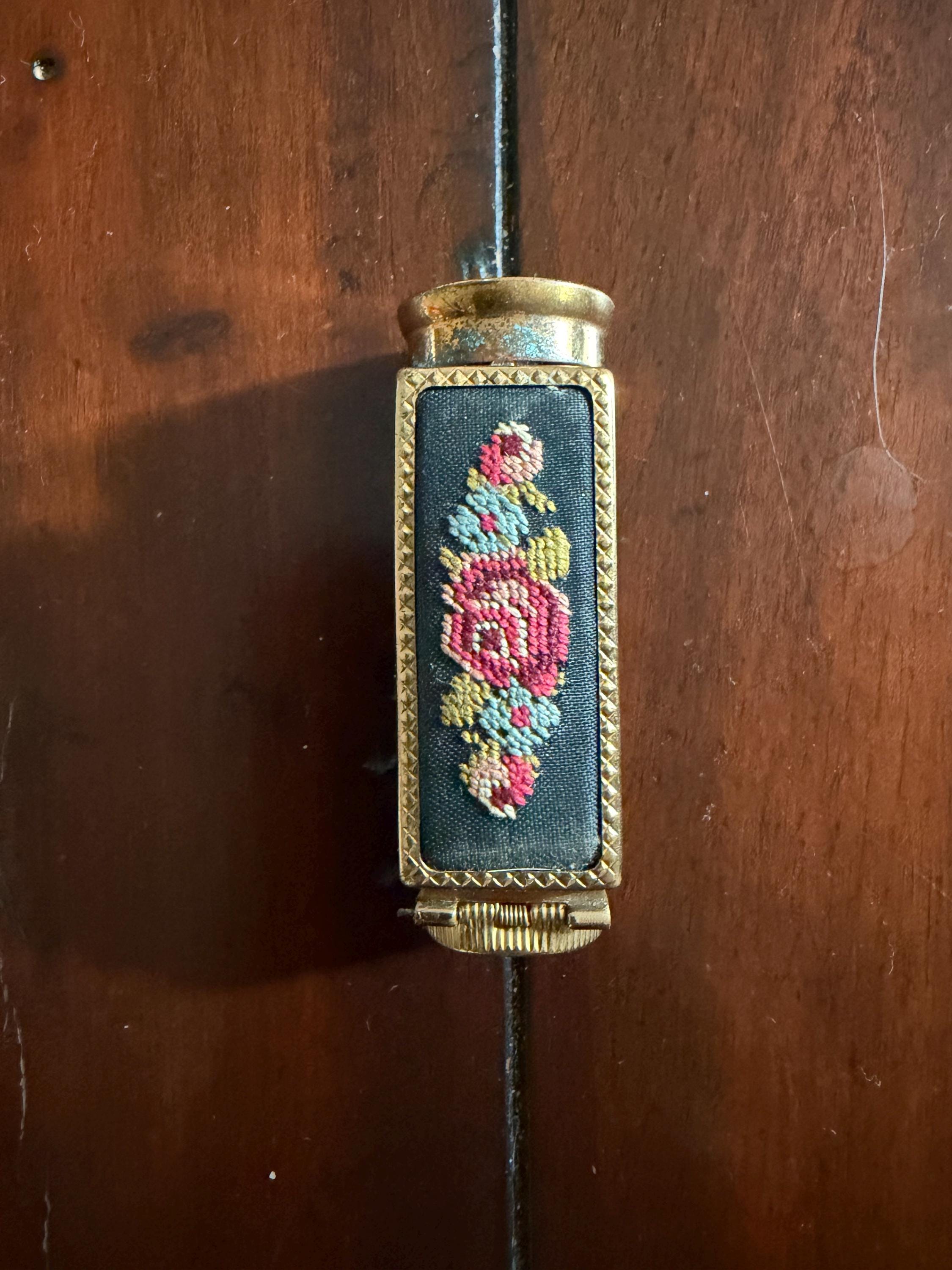 Vintage French Lipstick Holder Mirror Compact  Brevete S.G.D.G Paris  Embroidered Floral Panel  Gold Tone Compact