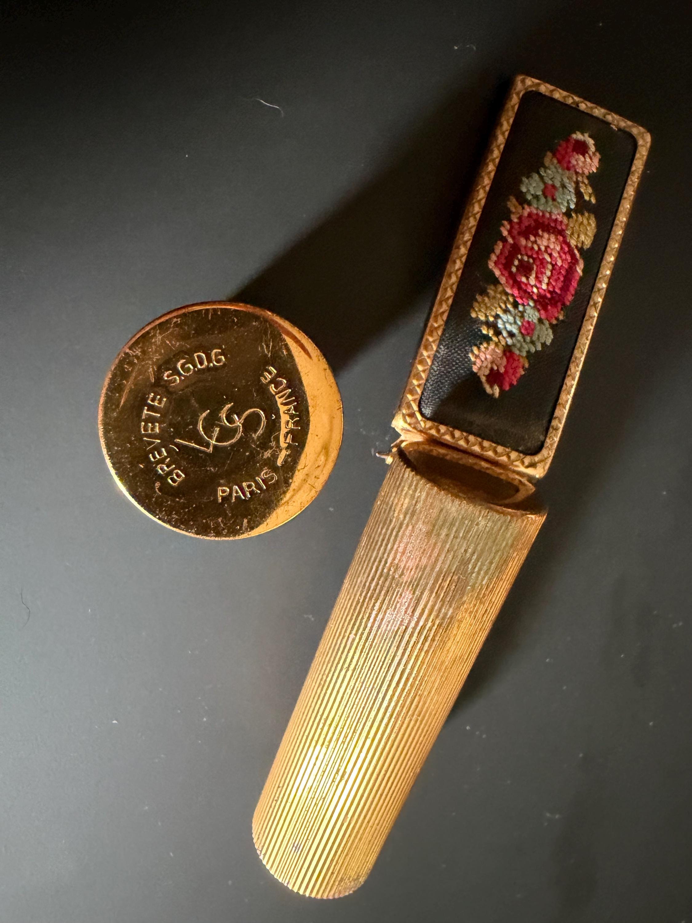 Vintage French Lipstick Holder Mirror Compact  Brevete S.G.D.G Paris  Embroidered Floral Panel  Gold Tone Compact