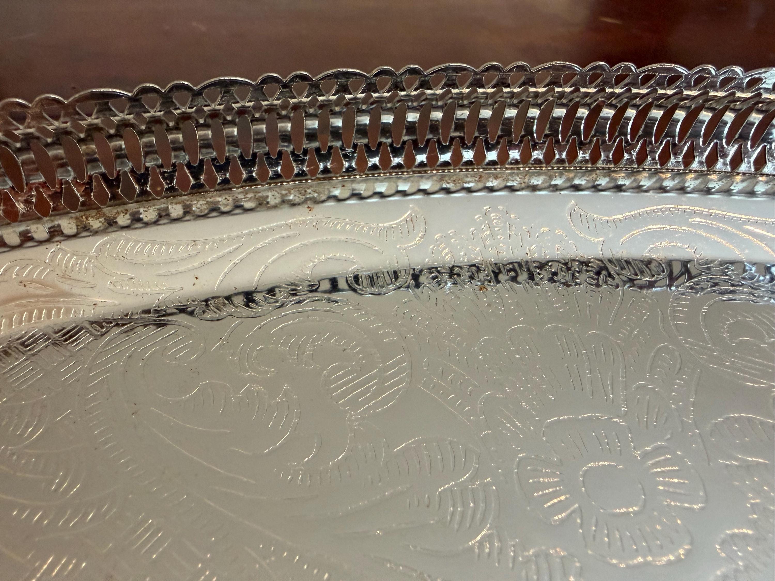 Vintage Silver Plated Oval Gallery Tray with Pierced Edge | Ornate Engraved Serving Tray | Decorative Coffee Table Tray | Vintage Home Decor