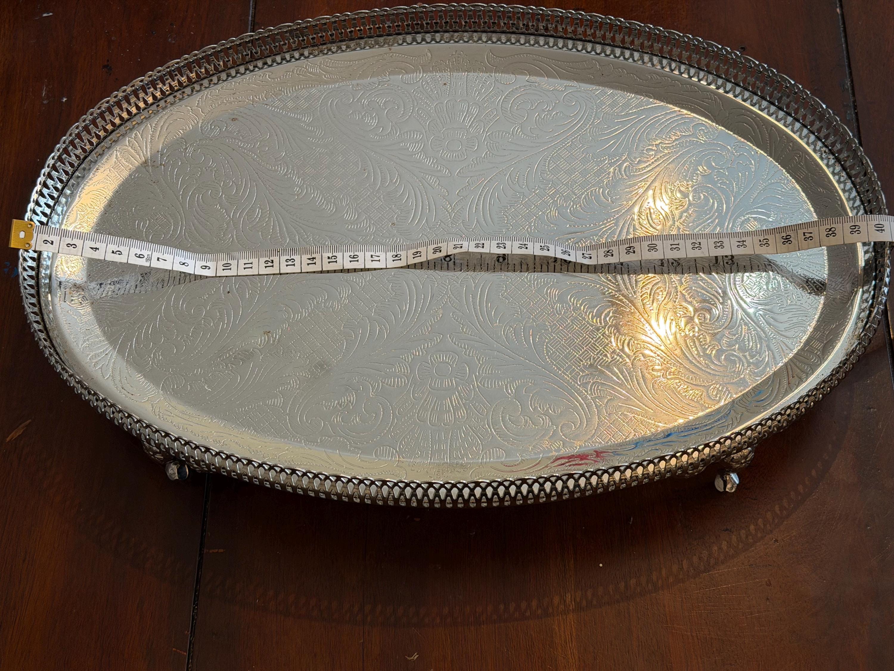 Vintage Silver Plated Oval Gallery Tray with Pierced Edge | Ornate Engraved Serving Tray | Decorative Coffee Table Tray | Vintage Home Decor