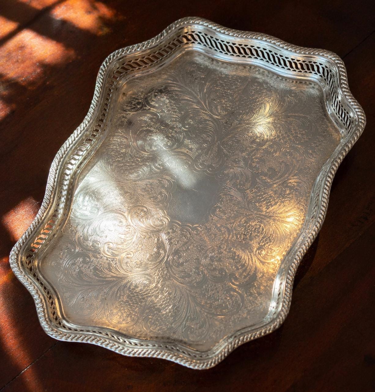 Vintage Mayfair Silver Plated Serving Tray | Ornate Gallery Edge Tray | Decorative Drinks Tray | Coffee Table Styling | Vintage Silver Plate