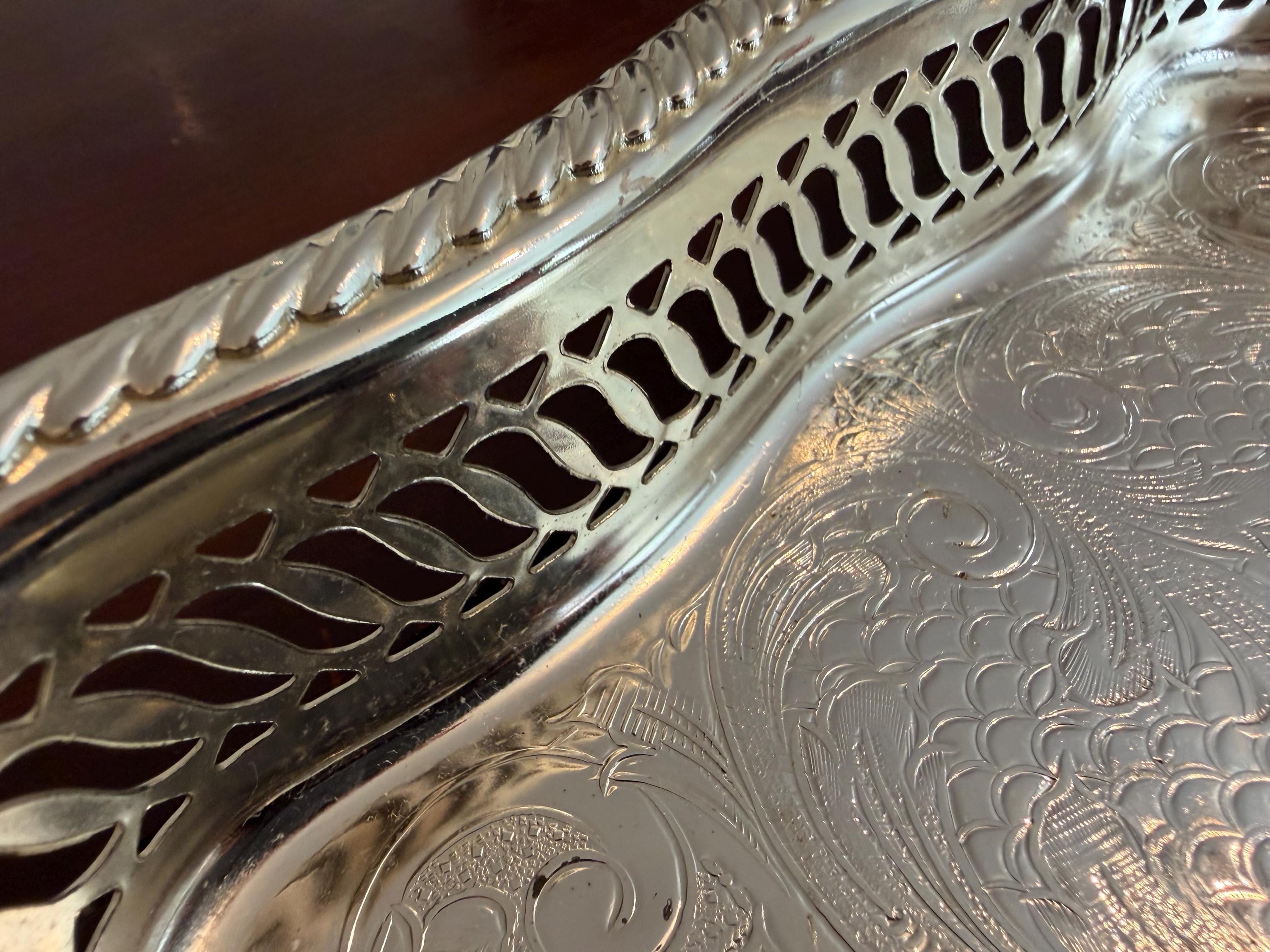 Vintage Mayfair Silver Plated Serving Tray | Ornate Gallery Edge Tray | Decorative Drinks Tray | Coffee Table Styling | Vintage Silver Plate