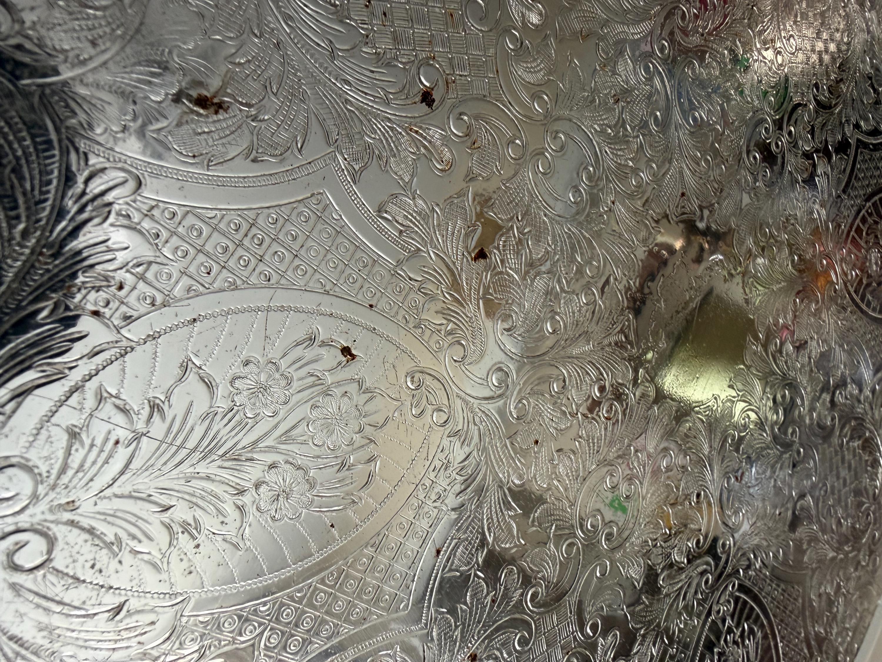 Vintage Silver Plated Oval Gallery Tray with Pierced Edge | Ornate Engraved Serving Tray | Decorative Coffee Table Tray | Vintage Home Decor