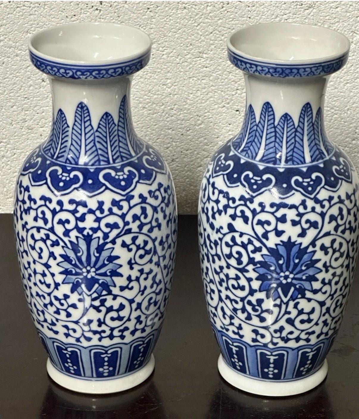 Pair of Blue & White Porcelain Vases  Qianlong Style Chinese Ceramic Vases  Vintage Oriental Home Decor  Decorative Ginger Jar Style Vase