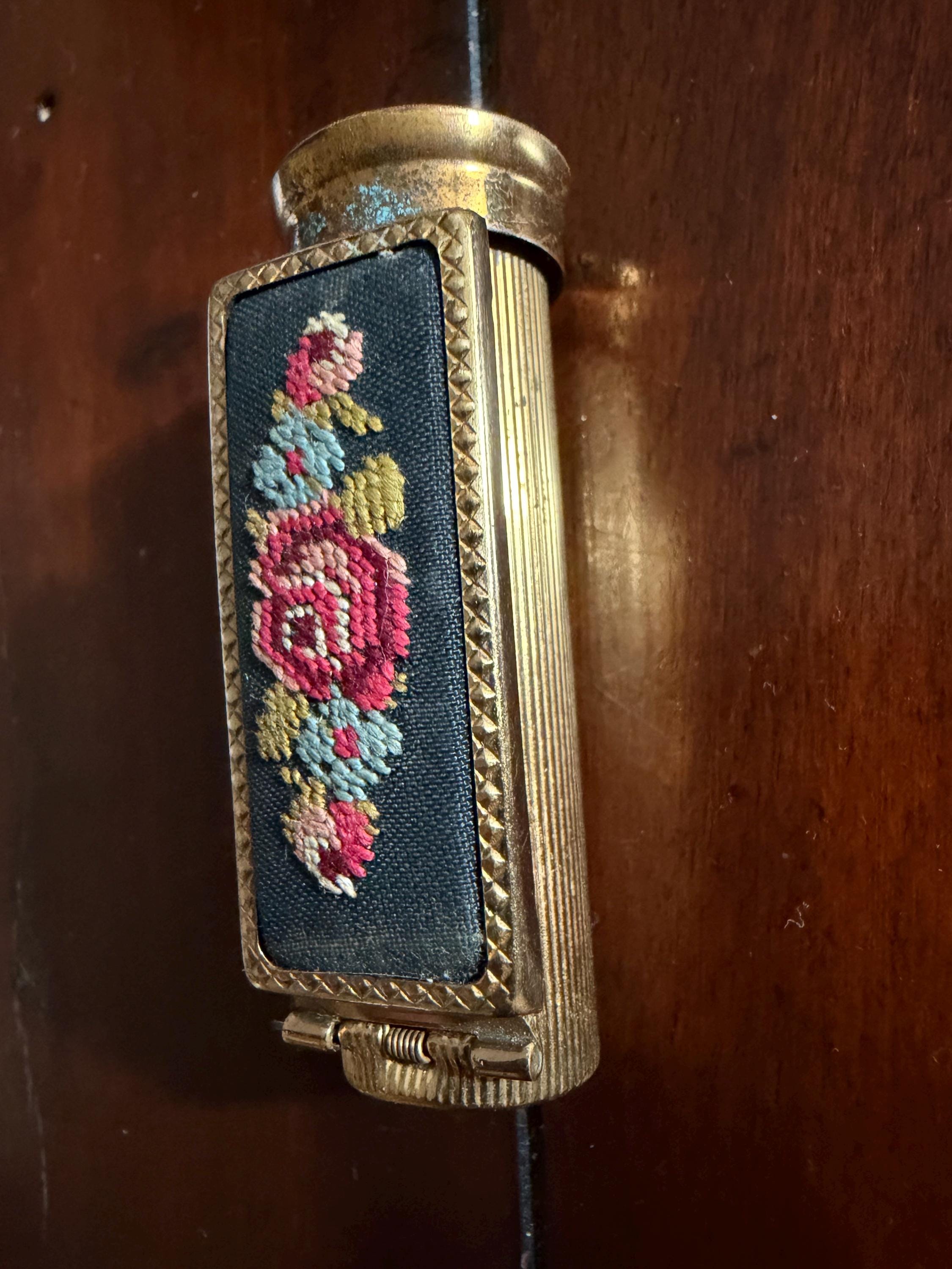Vintage French Lipstick Holder Mirror Compact  Brevete S.G.D.G Paris  Embroidered Floral Panel  Gold Tone Compact