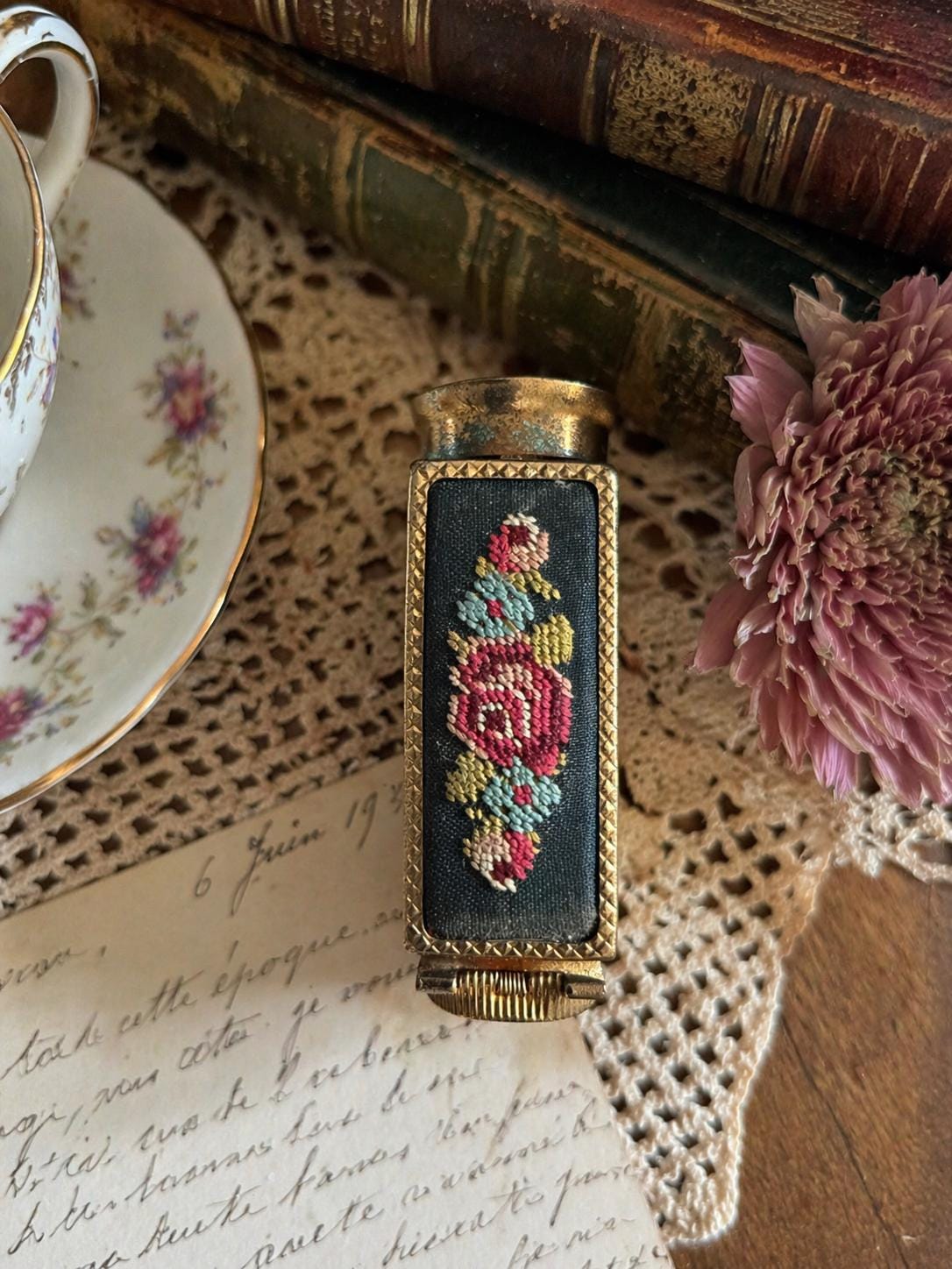 Vintage French Lipstick Holder Mirror Compact  Brevete S.G.D.G Paris  Embroidered Floral Panel  Gold Tone Compact