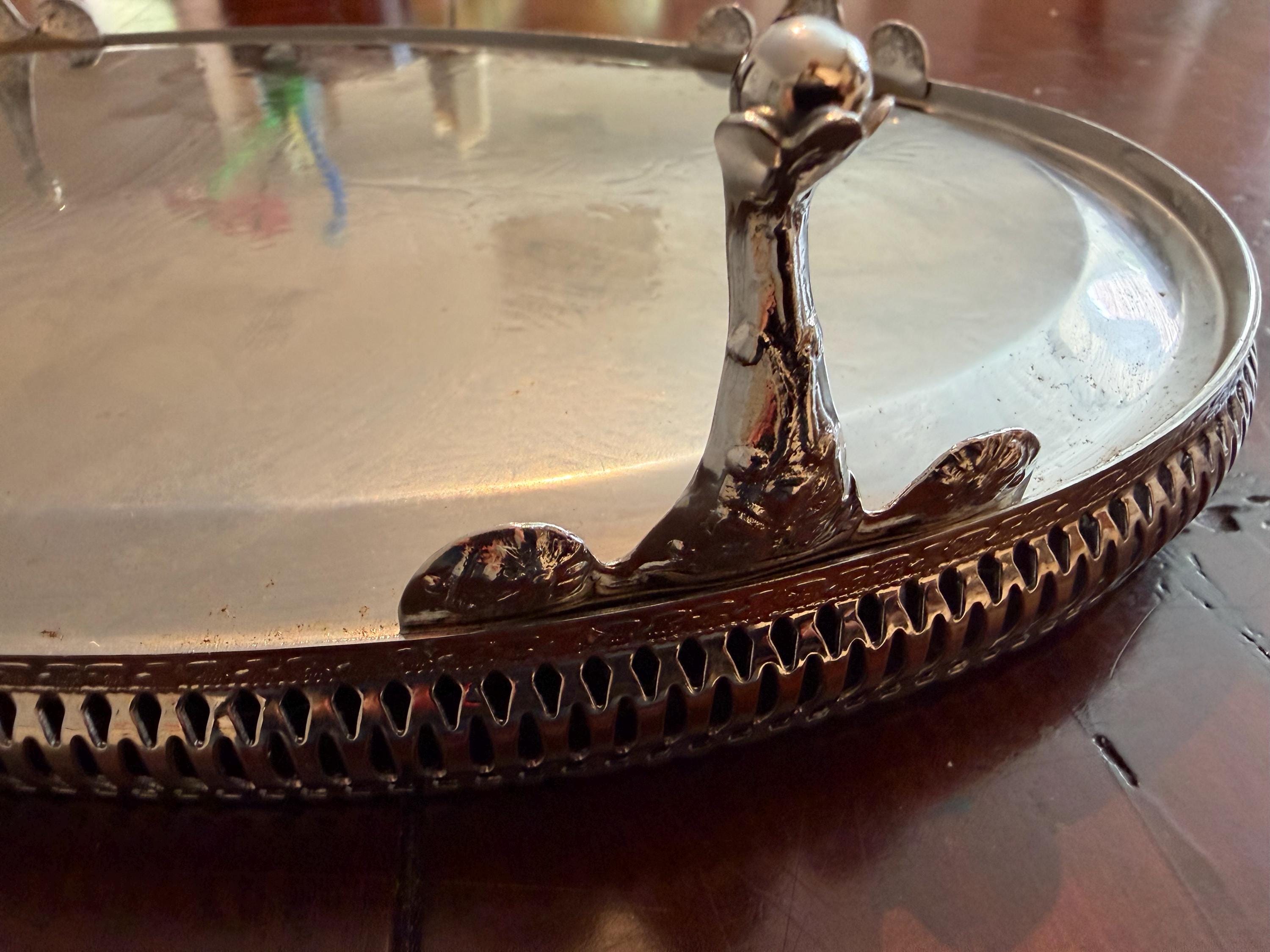 Vintage Silver Plated Oval Gallery Tray with Pierced Edge | Ornate Engraved Serving Tray | Decorative Coffee Table Tray | Vintage Home Decor