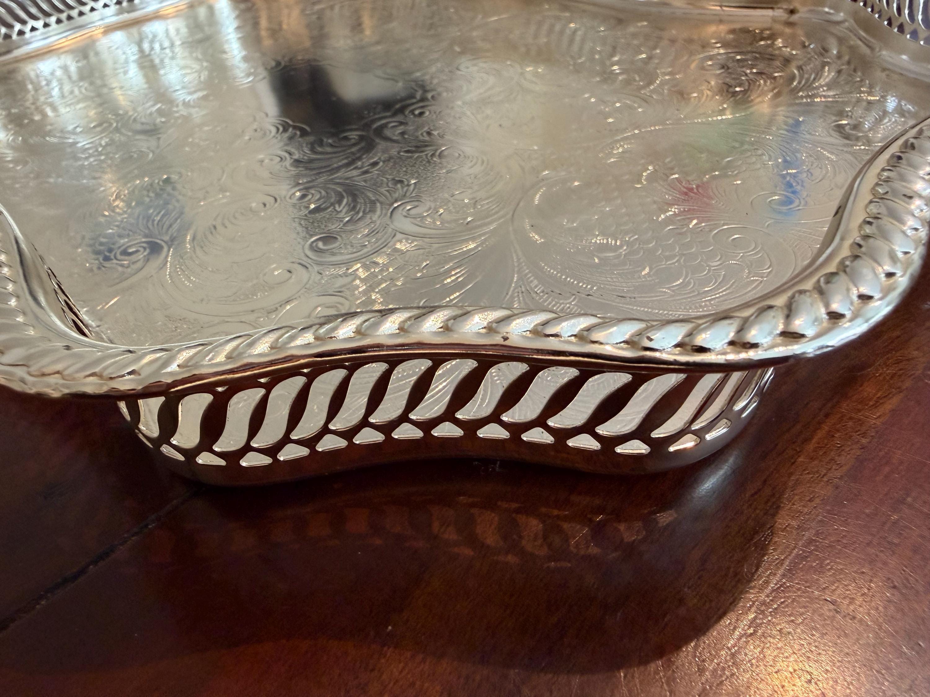 Vintage Mayfair Silver Plated Serving Tray | Ornate Gallery Edge Tray | Decorative Drinks Tray | Coffee Table Styling | Vintage Silver Plate