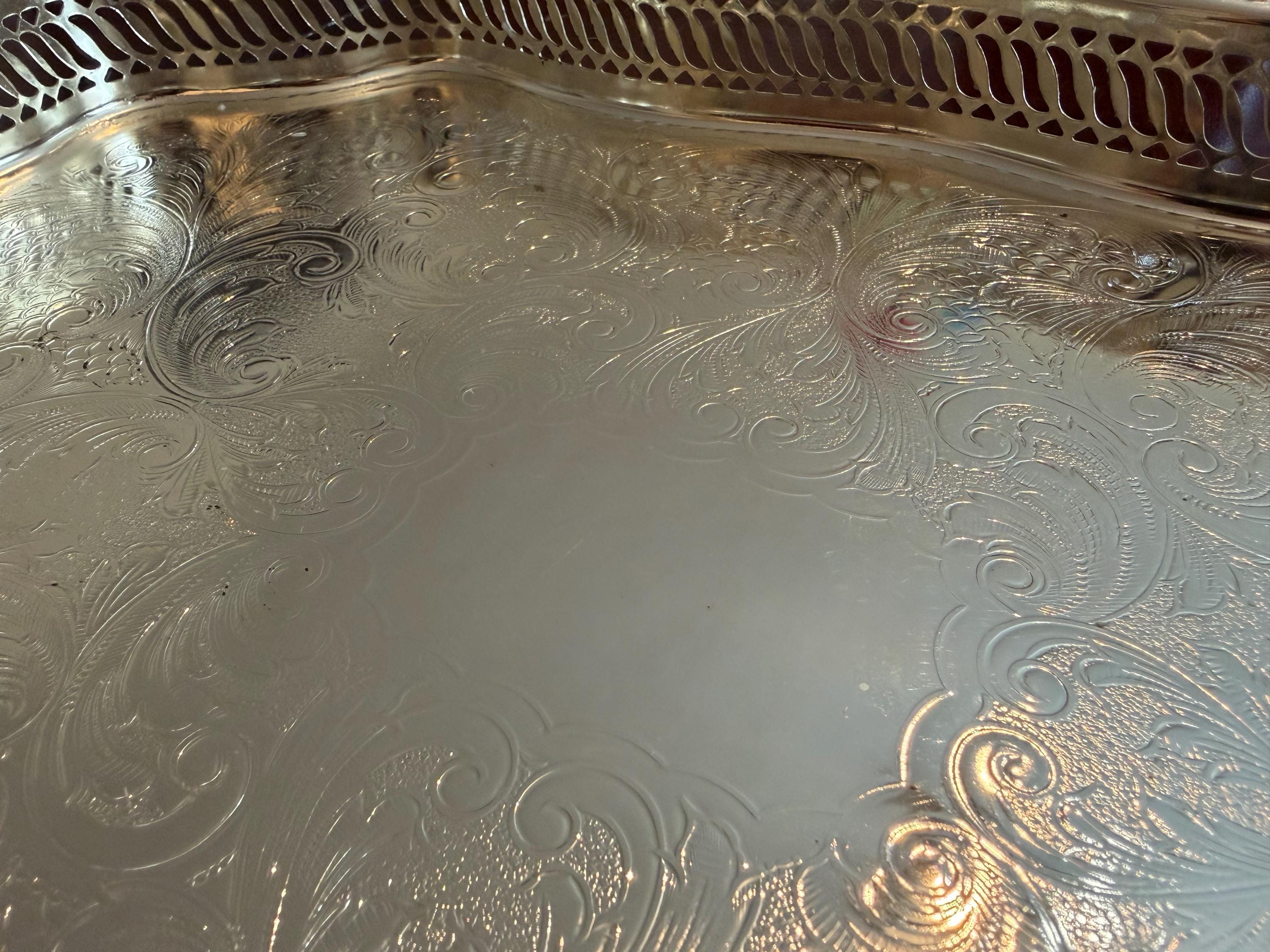 Vintage Mayfair Silver Plated Serving Tray | Ornate Gallery Edge Tray | Decorative Drinks Tray | Coffee Table Styling | Vintage Silver Plate