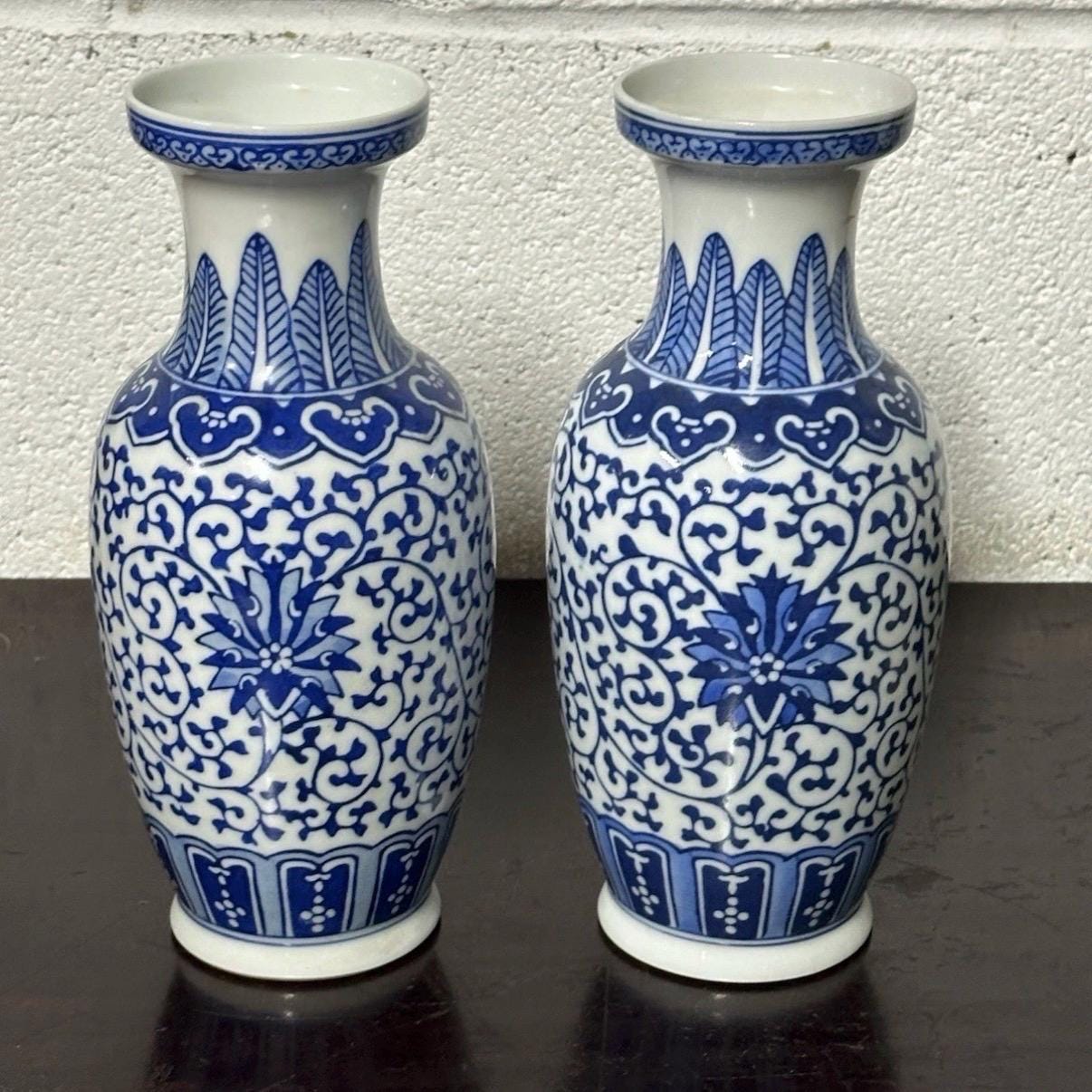 Pair of Blue & White Porcelain Vases  Qianlong Style Chinese Ceramic Vases  Vintage Oriental Home Decor  Decorative Ginger Jar Style Vase