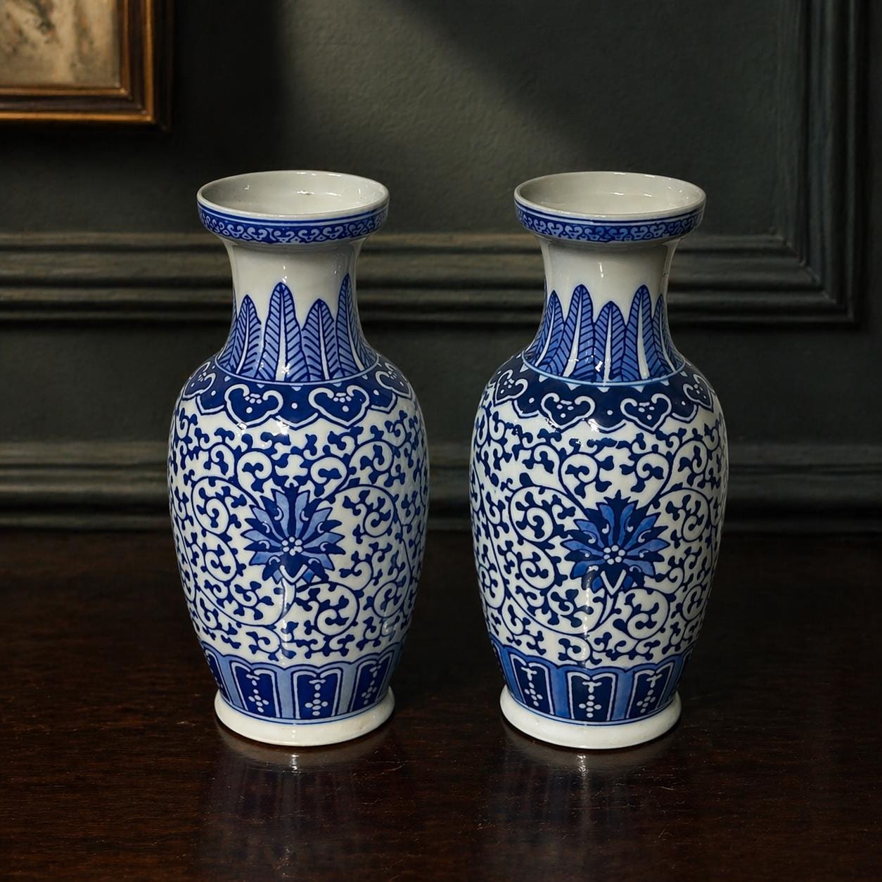 Pair of Blue & White Porcelain Vases  Qianlong Style Chinese Ceramic Vases  Vintage Oriental Home Decor  Decorative Ginger Jar Style Vase