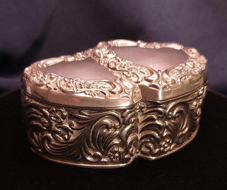 Vintage 1990s Silver Plated Double Heart Trinket Box  Red Velvet Lined Jewellery Keepsake Box  Engravable Love Gift