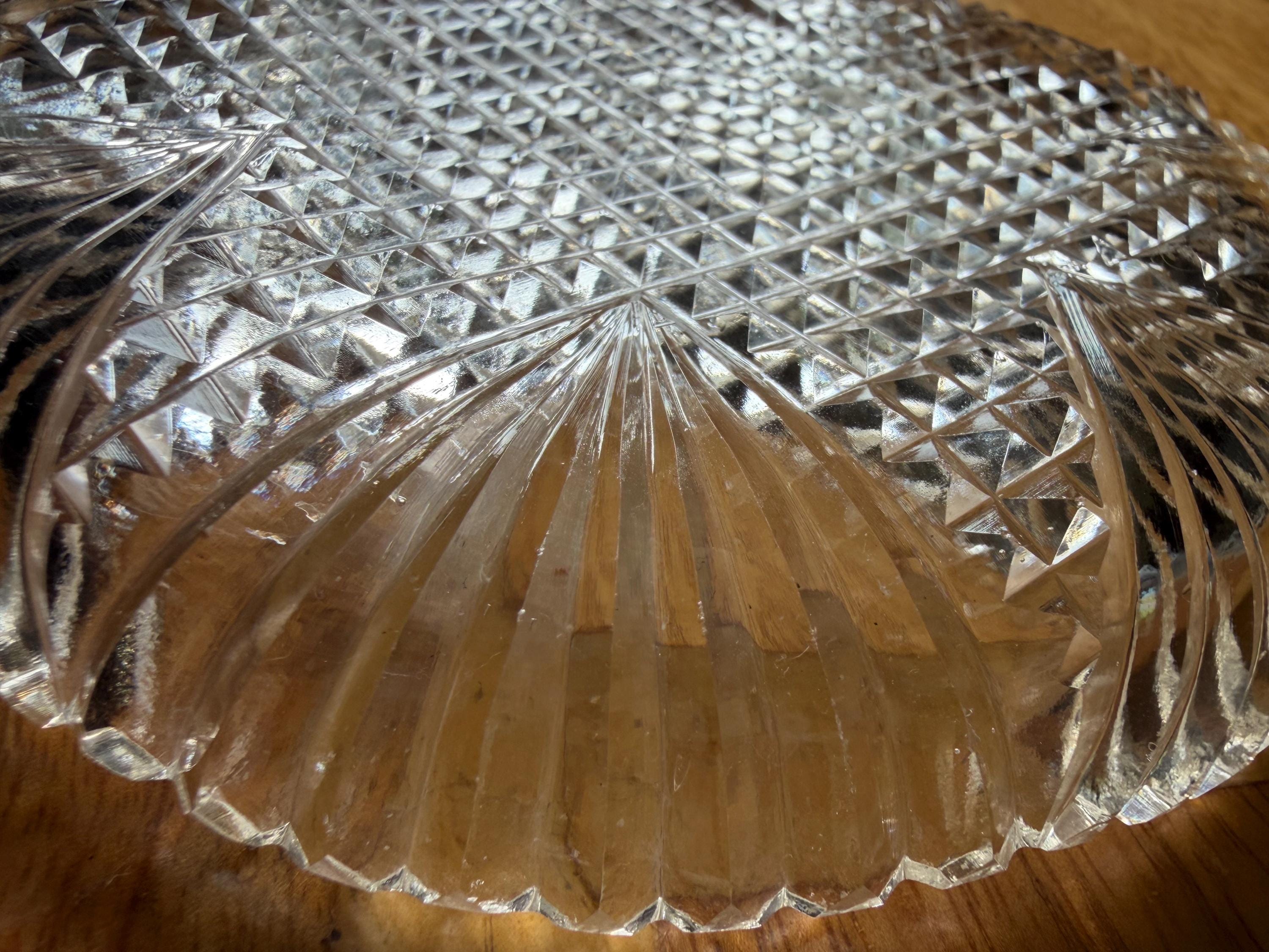 Vintage Cut Glass Crystal Plate Star and Hobnail Pattern, Pressed Glass Serving Plate, Scalloped Edge Dish, Dessert Plate, Vintage Glassware