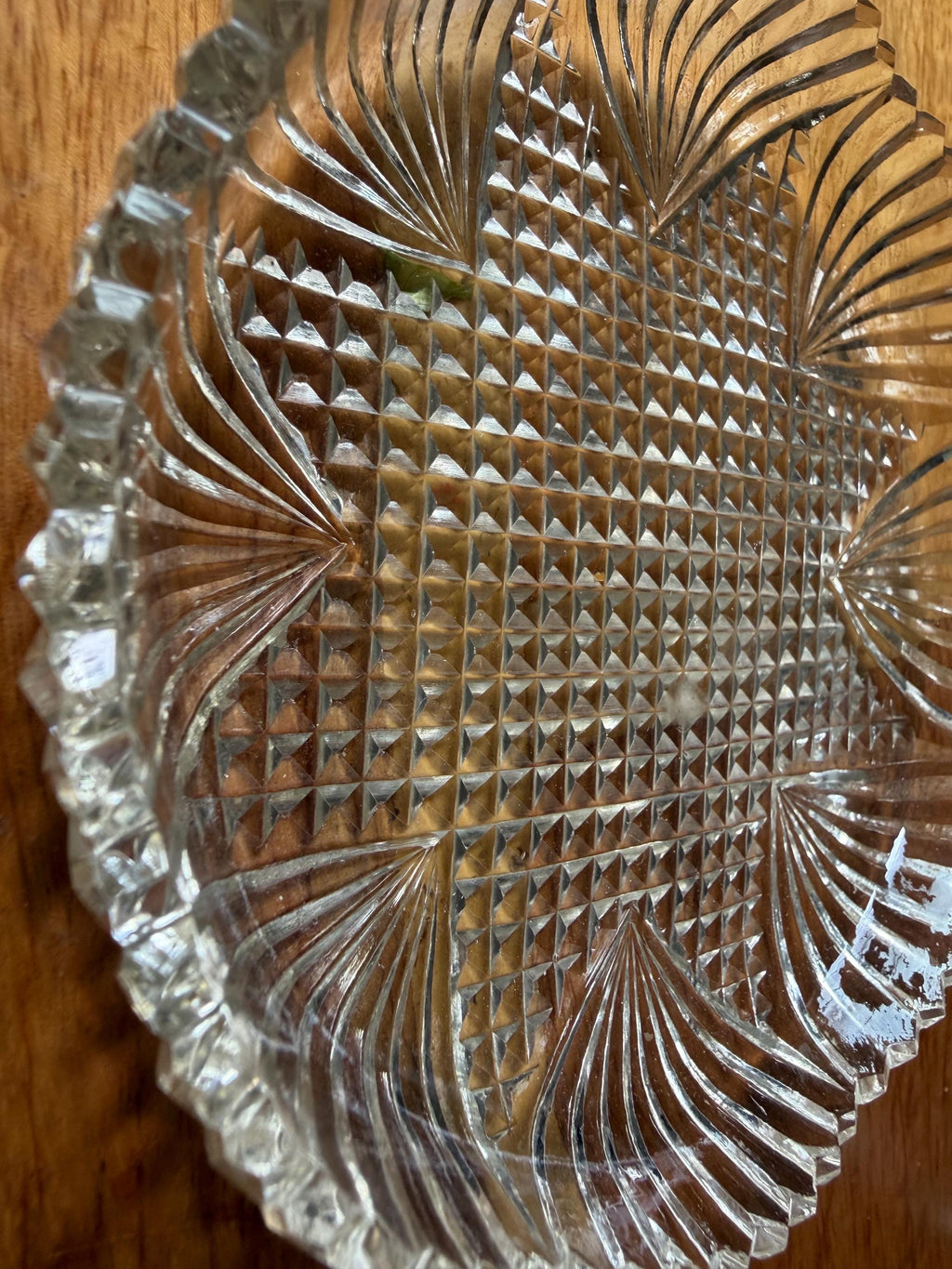 Vintage Cut Glass Crystal Plate Star and Hobnail Pattern, Pressed Glass Serving Plate, Scalloped Edge Dish, Dessert Plate, Vintage Glassware
