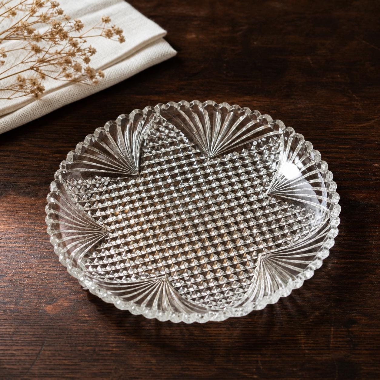 Vintage Cut Glass Crystal Plate Star and Hobnail Pattern, Pressed Glass Serving Plate, Scalloped Edge Dish, Dessert Plate, Vintage Glassware