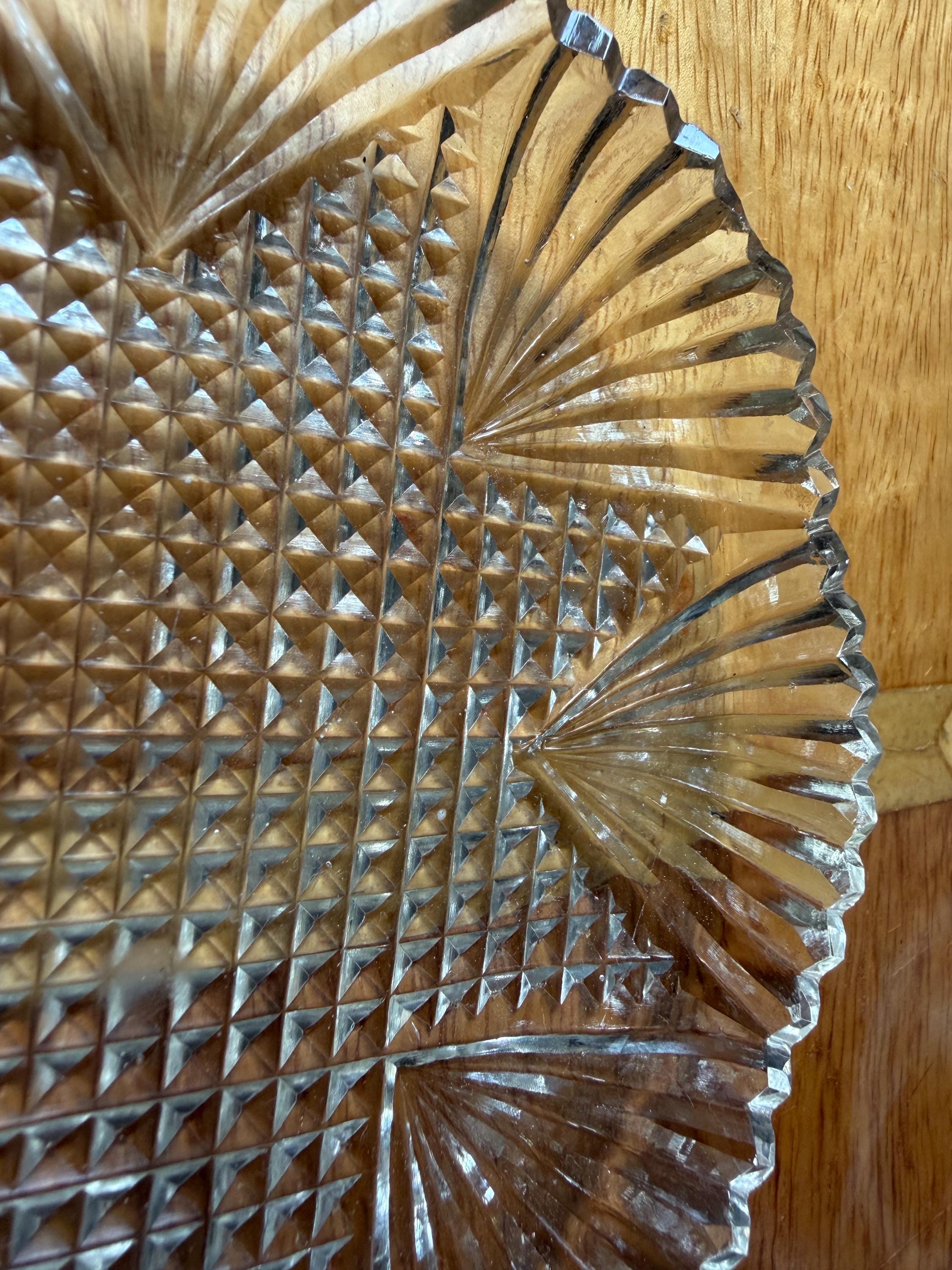 Vintage Cut Glass Crystal Plate Star and Hobnail Pattern, Pressed Glass Serving Plate, Scalloped Edge Dish, Dessert Plate, Vintage Glassware