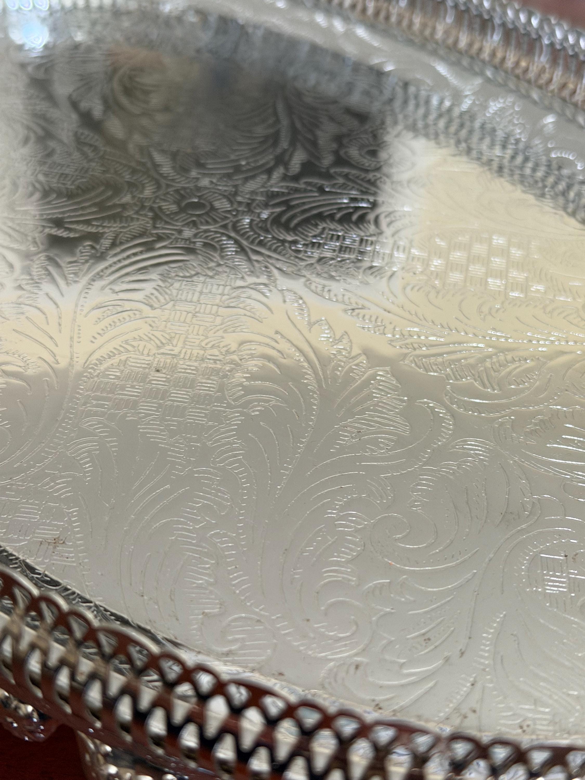 Vintage Silver Plate Gallery Tray / Large Ornate Silver Plated Serving Tray / Engraved Floral Tray / Hollywood Regency Decor / Drinks Tray