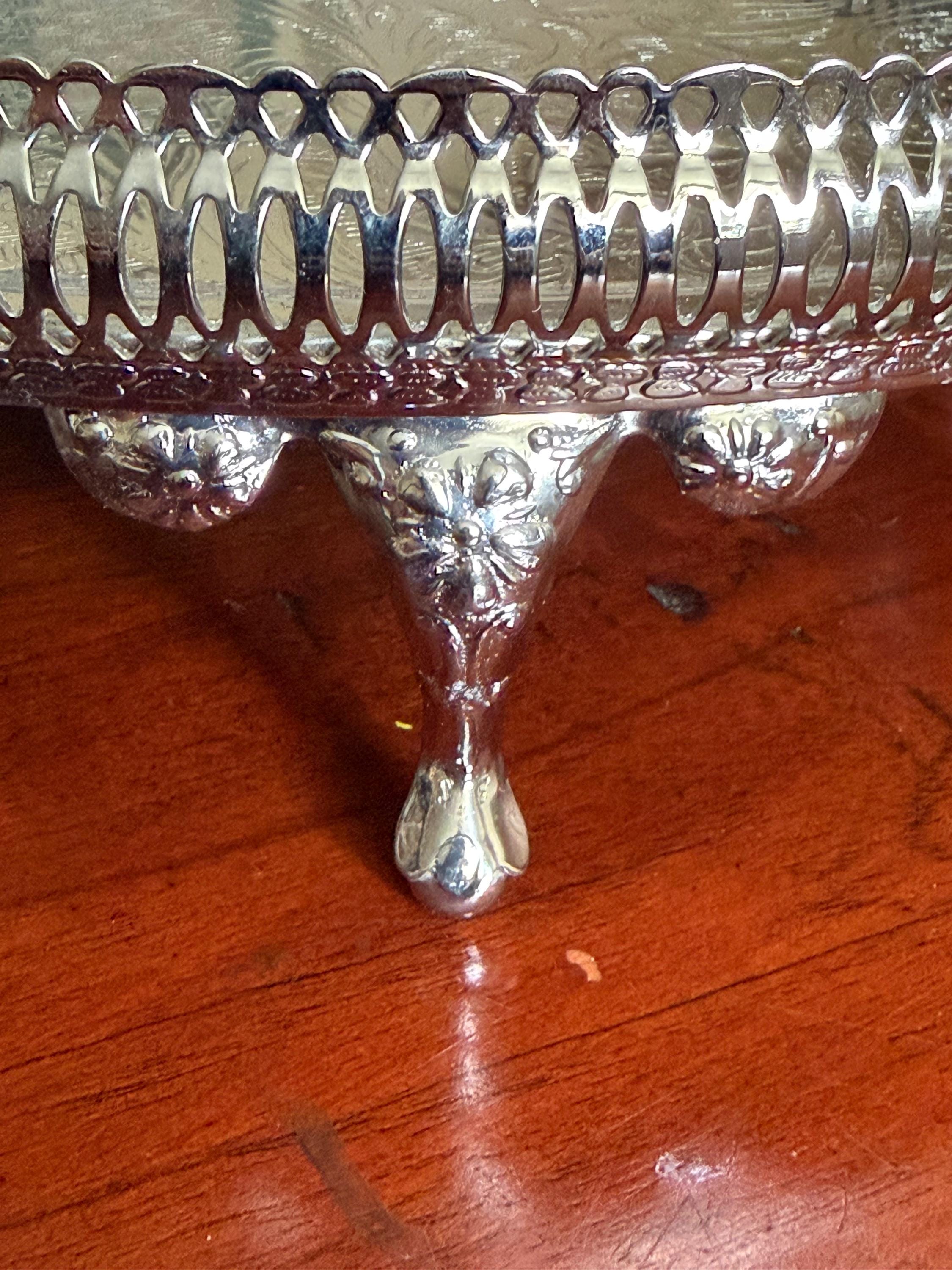 Vintage Silver Plate Gallery Tray / Large Ornate Silver Plated Serving Tray / Engraved Floral Tray / Hollywood Regency Decor / Drinks Tray