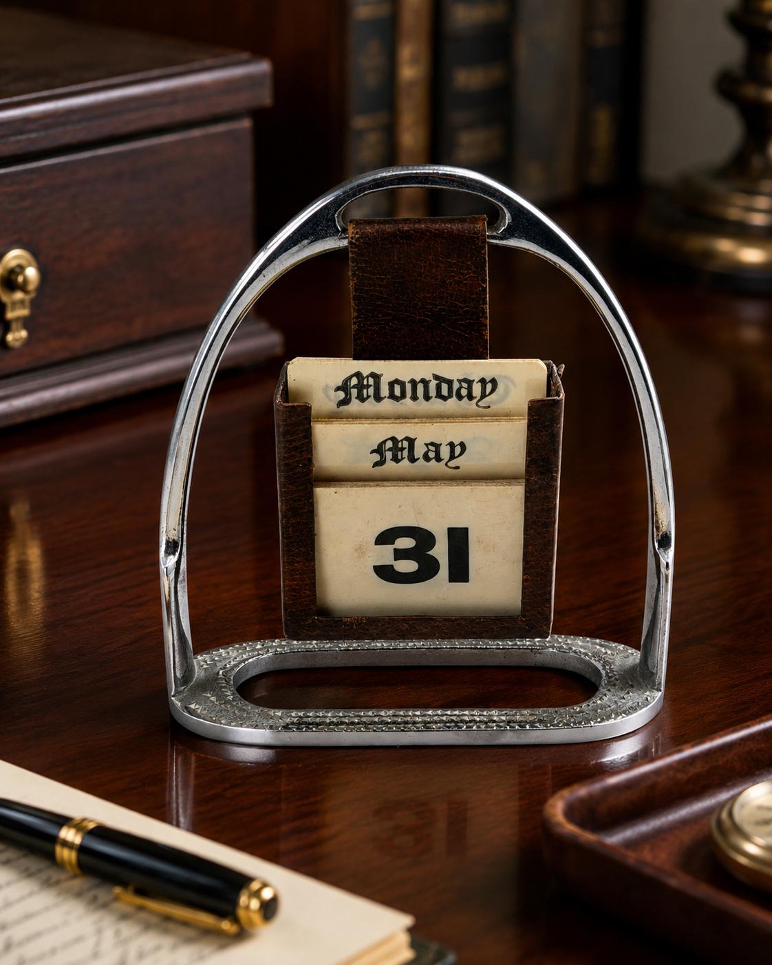 Vintage Stirrup Desk Calendar with Chrome & Leather Detail | Equestrian Decor | Ralph Lauren Style Study Accessory