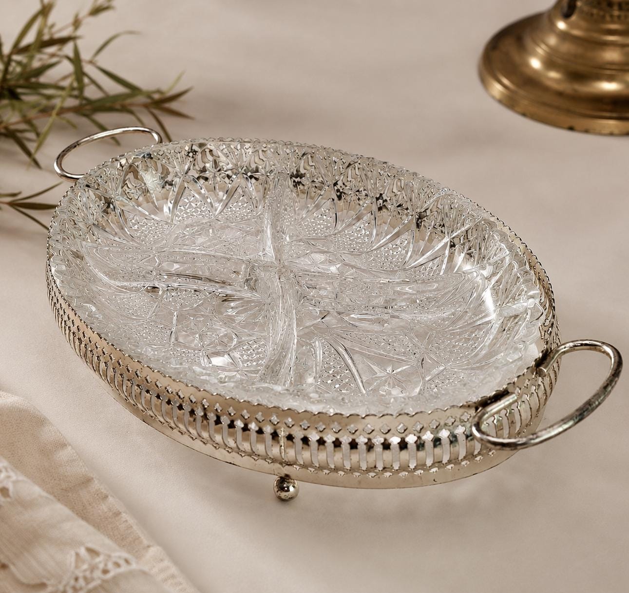 Antique EPNS Four Section Serving Dish with Cut Glass Insert | Silver Plate Divided Tray | Vintage English Home Decor