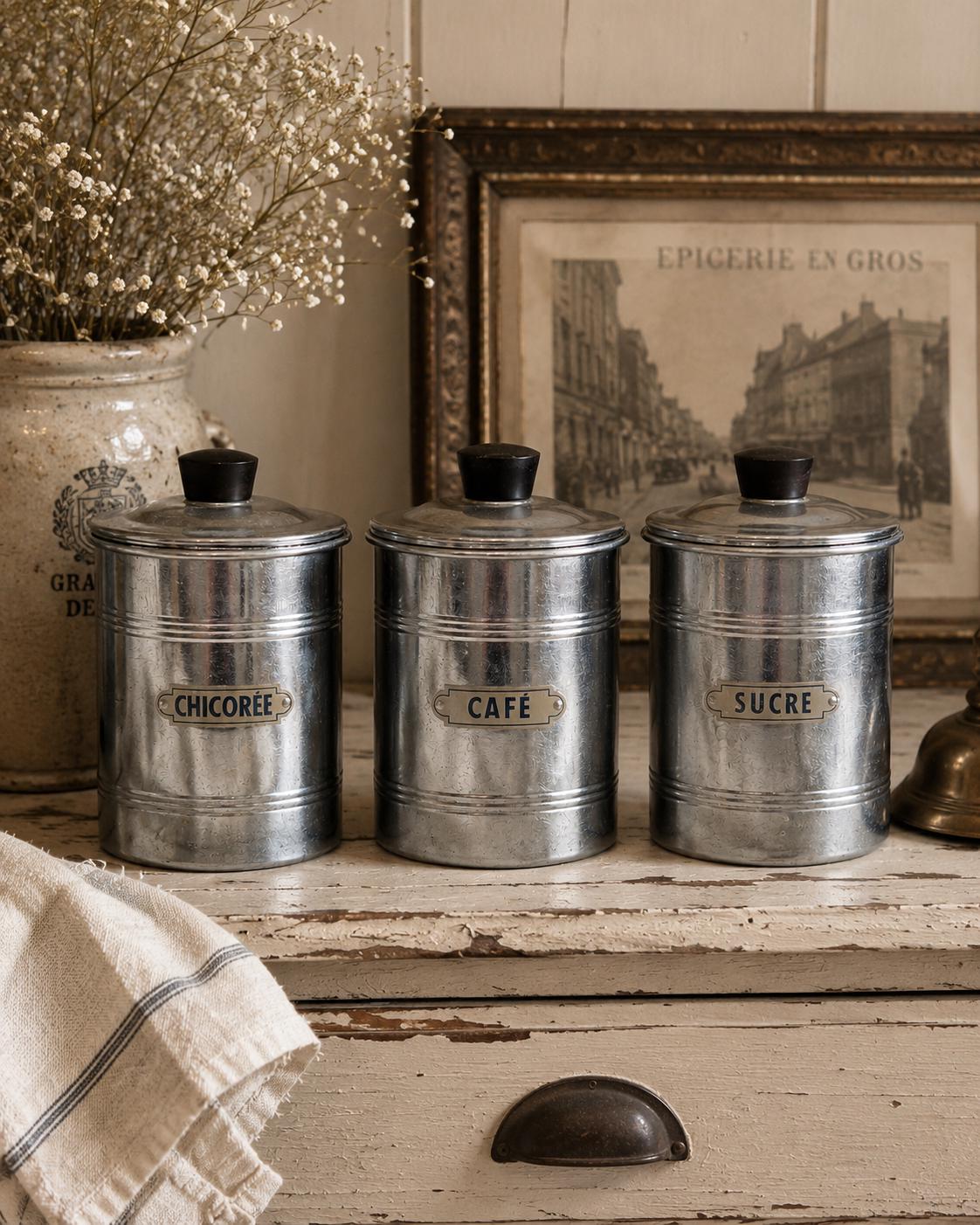 Vintage French Café Kitchen Canisters Set of 3 | French Kitchen Storage | Café Decor | Vintage Coffee Canisters | French Country Decor