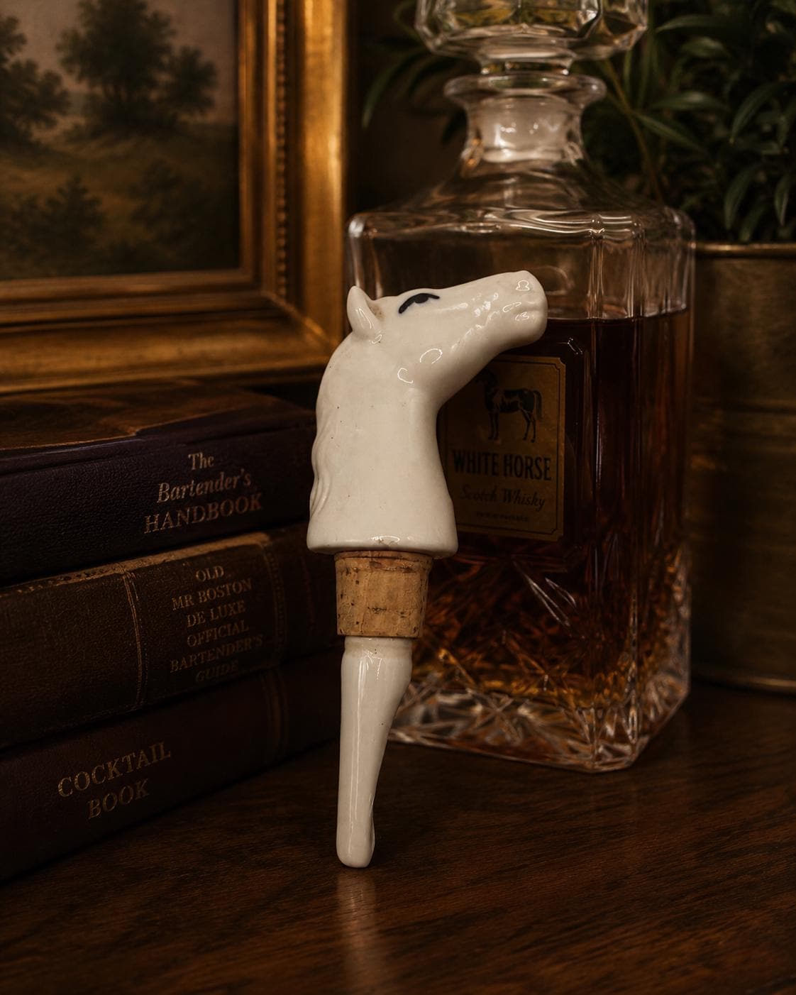 Vintage Ceramic Horse Head Bottle Stopper / Pourer | White Horse Whisky Barware | 1960s Equestrian Decor | Country House Bar Accessory