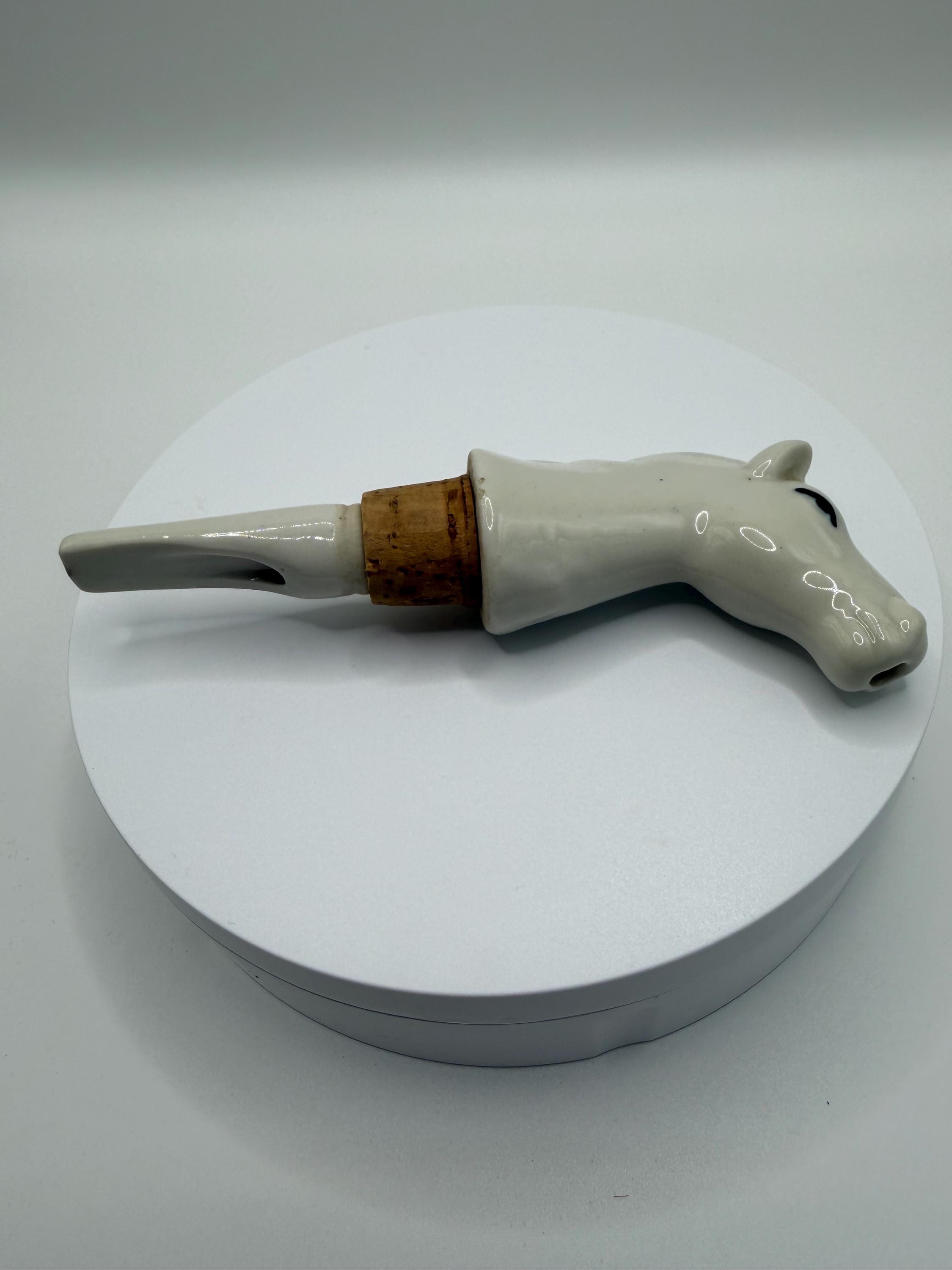 Vintage Ceramic Horse Head Bottle Stopper / Pourer | White Horse Whisky Barware | 1960s Equestrian Decor | Country House Bar Accessory